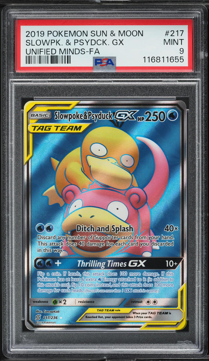 2019 Pokemon Sun & Moon Unified Minds Full Art Slowpoke & Psyduck GX #217 PSA 9