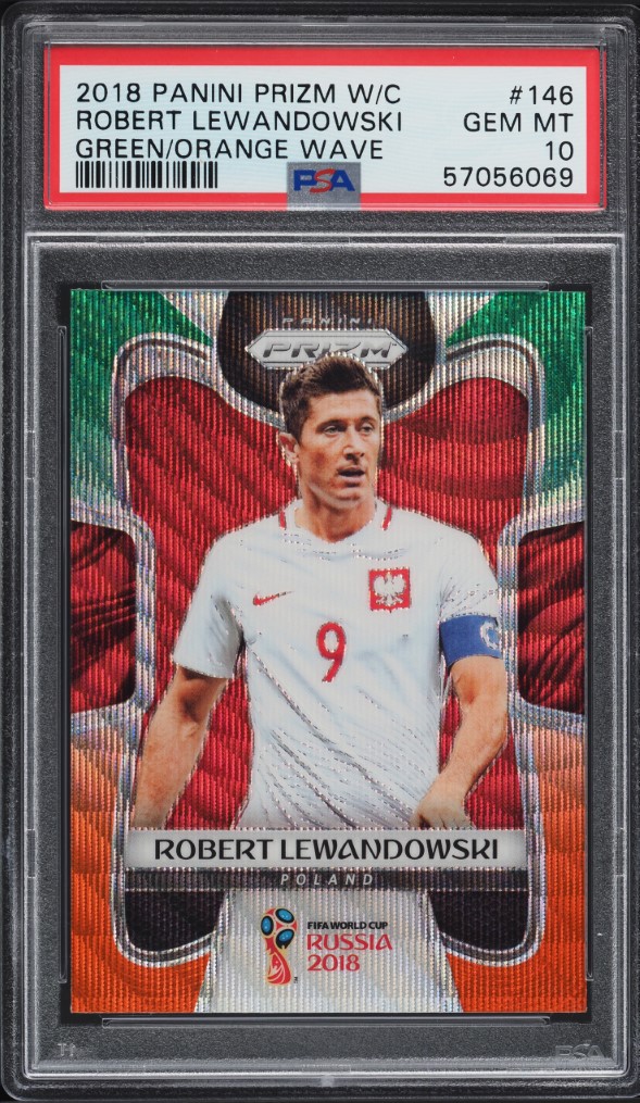 2018 Panini Prizm World Cup Green Orange Wave Robert Lewandowski #146 PSA 10