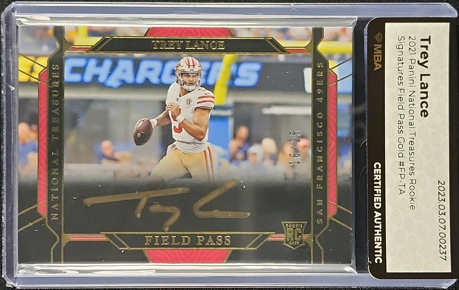 2021 National Treasures Field Pass Gold Trey Lance ROOKIE AUTO /25 MBA AUTH