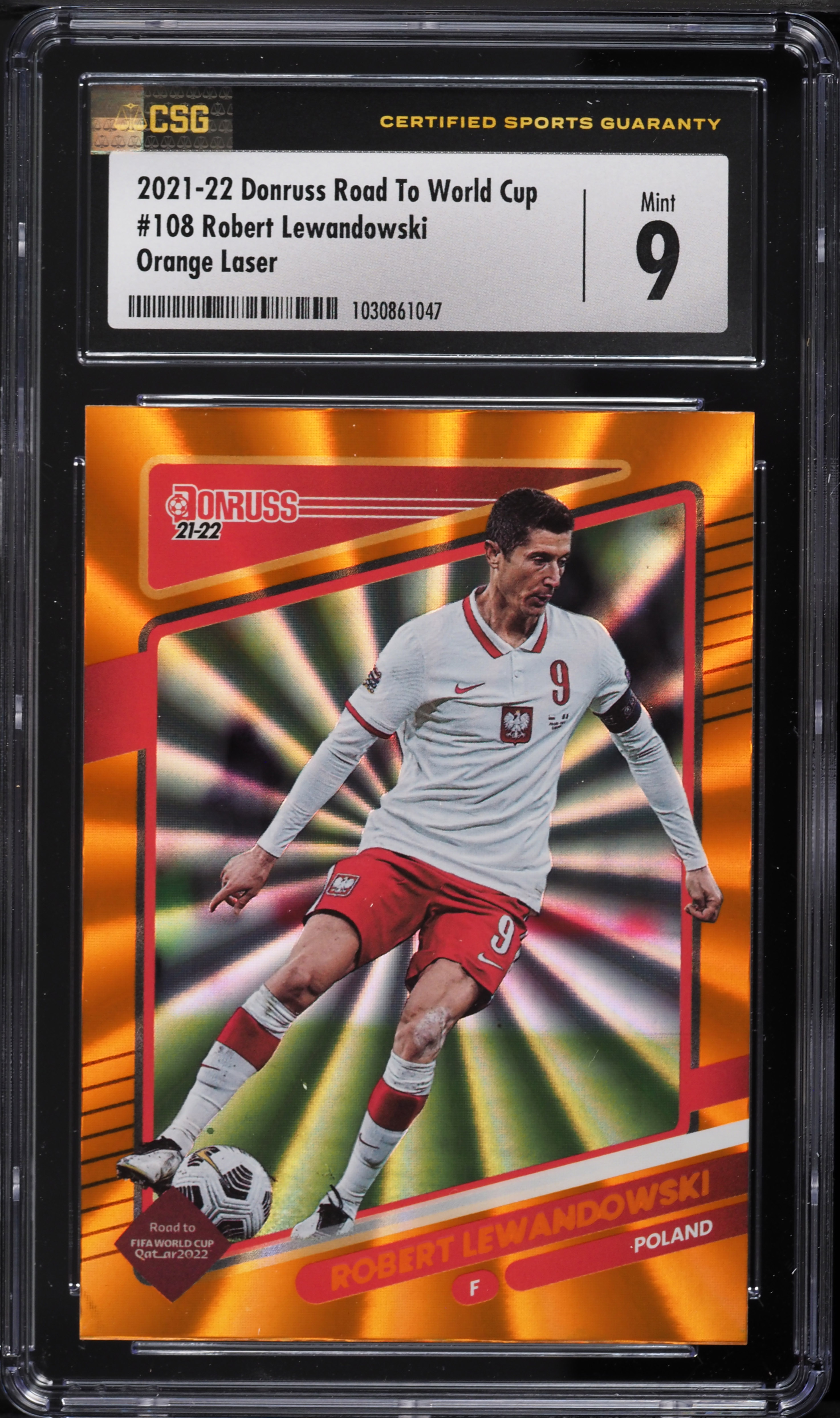 2021 Donruss Road To World Cup Orange Laser Robert Lewandowski #108 CSG 9 MINT