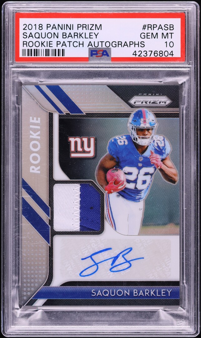 2018 Panini Prizm Silver Saquon Barkley ROOKIE PATCH AUTO /99 #RPA-SB PSA 10 GEM