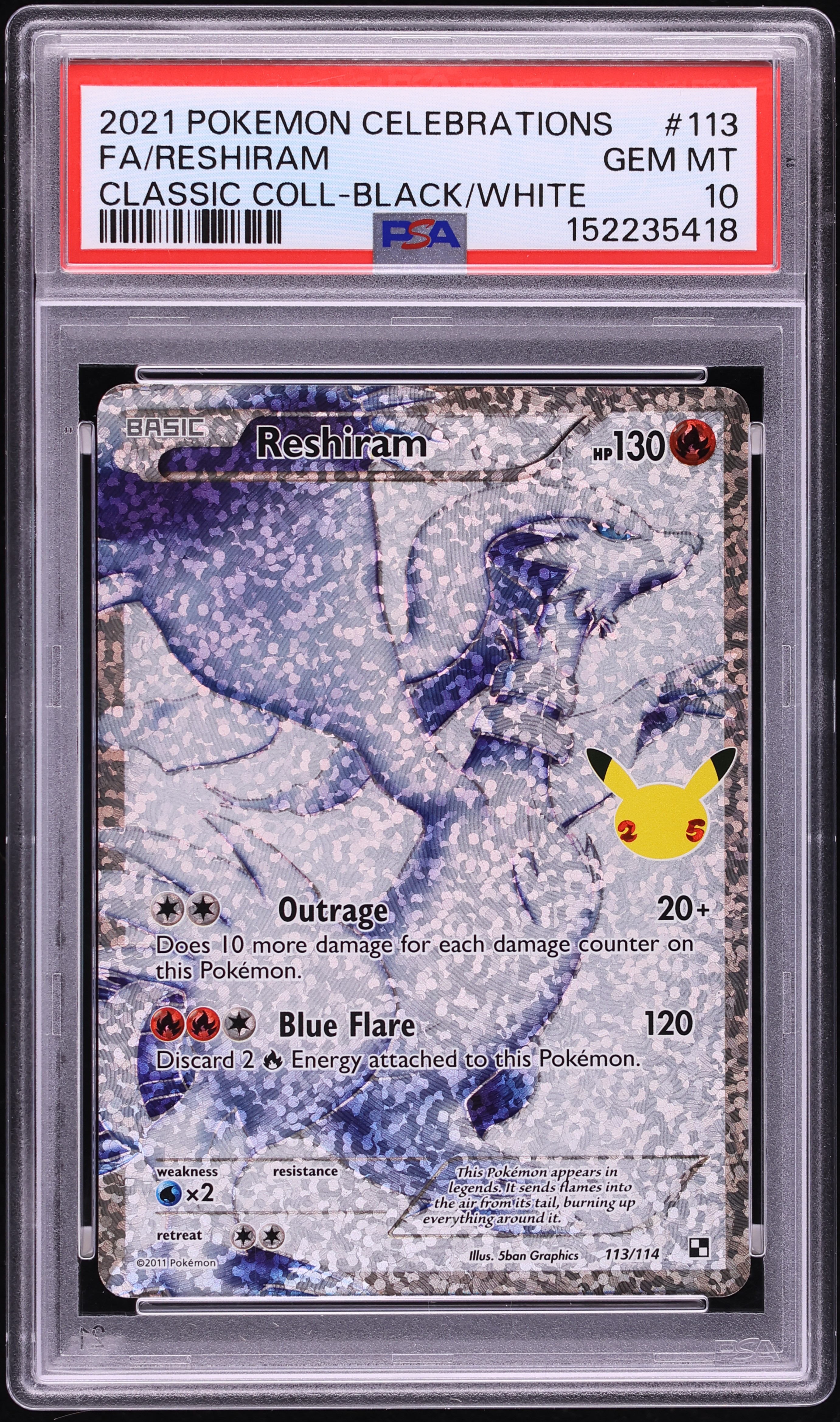 2021 Pokemon Sword & Shield Celebrations Classic Collection Full Art Reshiram #113 PSA 10 GEM