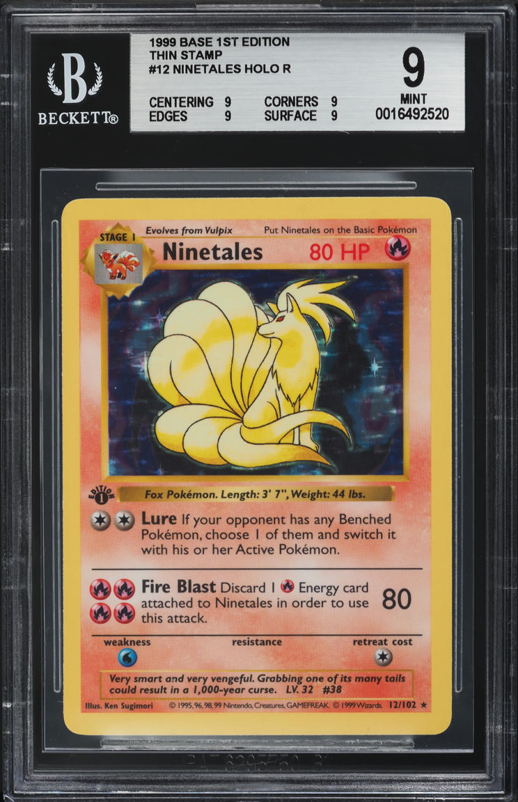 1999 Pokemon Base Set Shadowless 1st Edition Thin Stamp Holo Ninetales #12 BGS 9