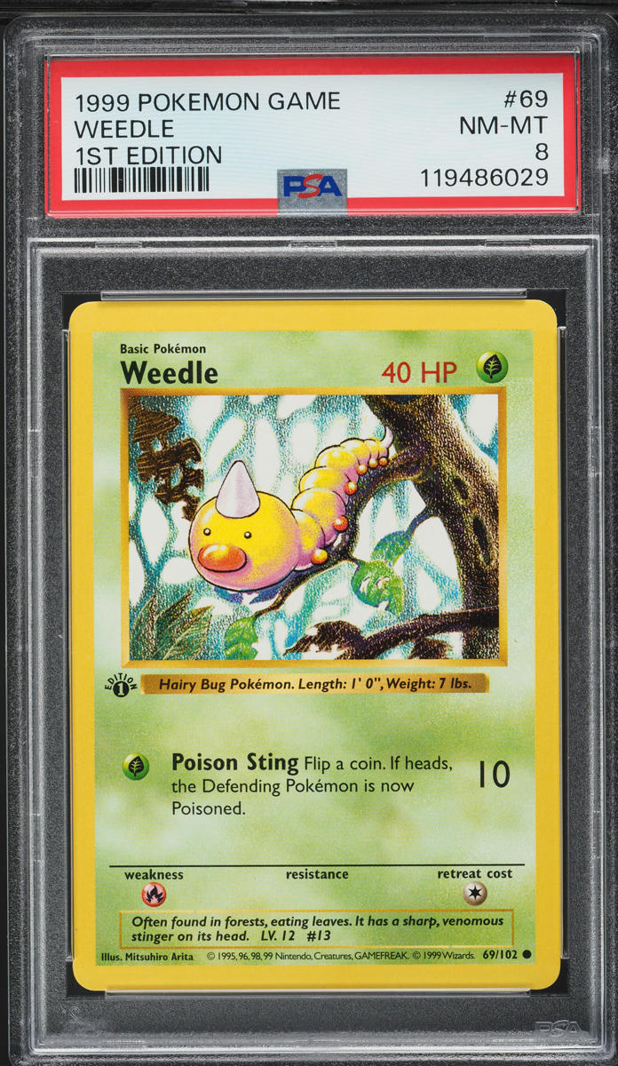 1999 Pokemon Base Set Shadowless 1st Edition Weedle #69 PSA 8 NM-MT