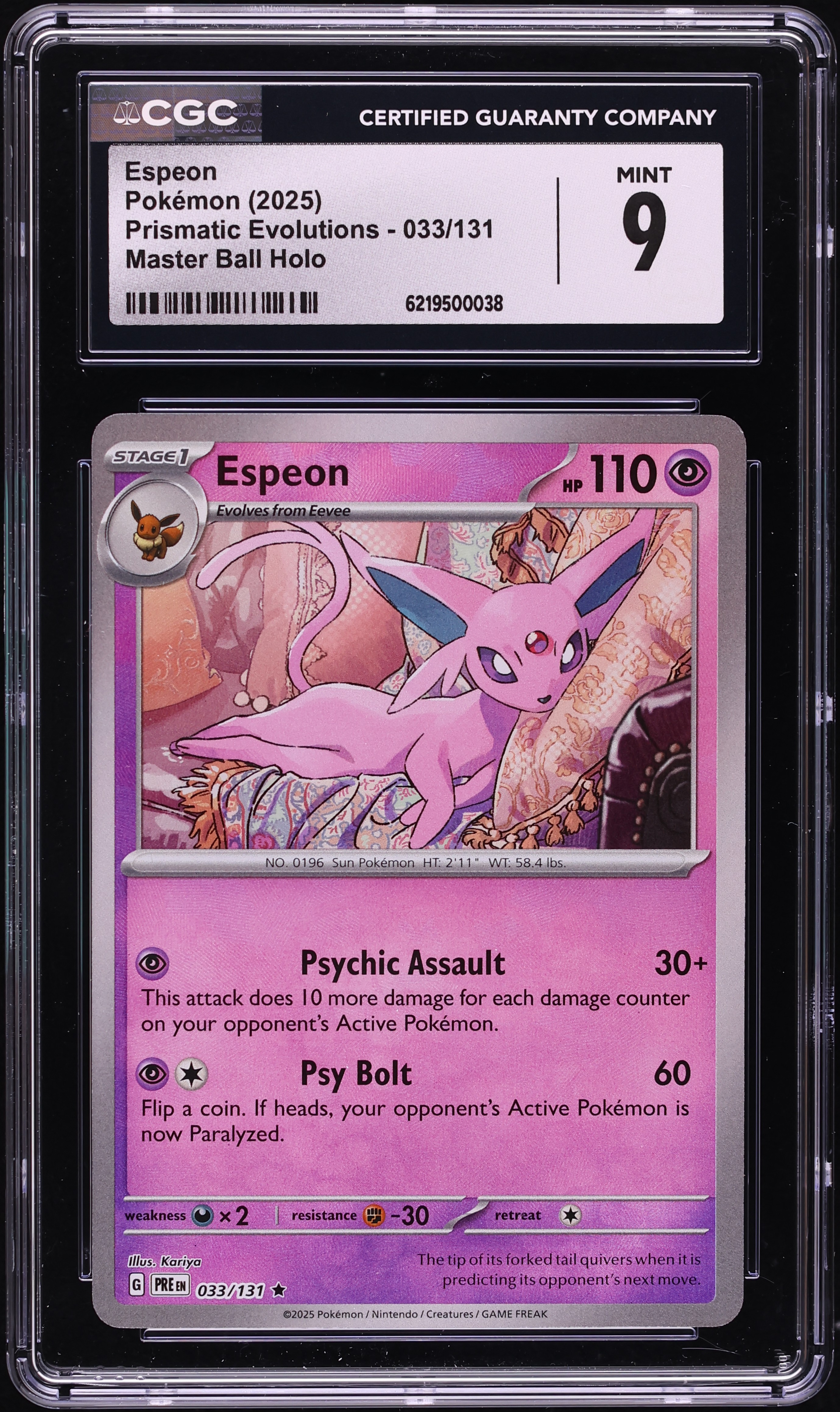 2025 Pokemon Scarlet & Violet Prismatic Evolutions Master Ball Holo Espeon #33 CGC 9 MINT