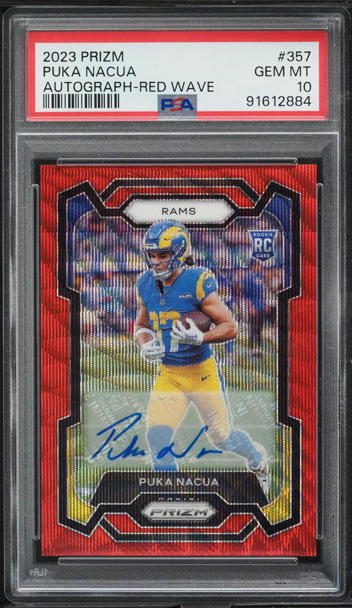2023 Panini Prizm Red Wave Puka Nacua ROOKIE AUTO /149 #357 PSA 10 GEM MINT