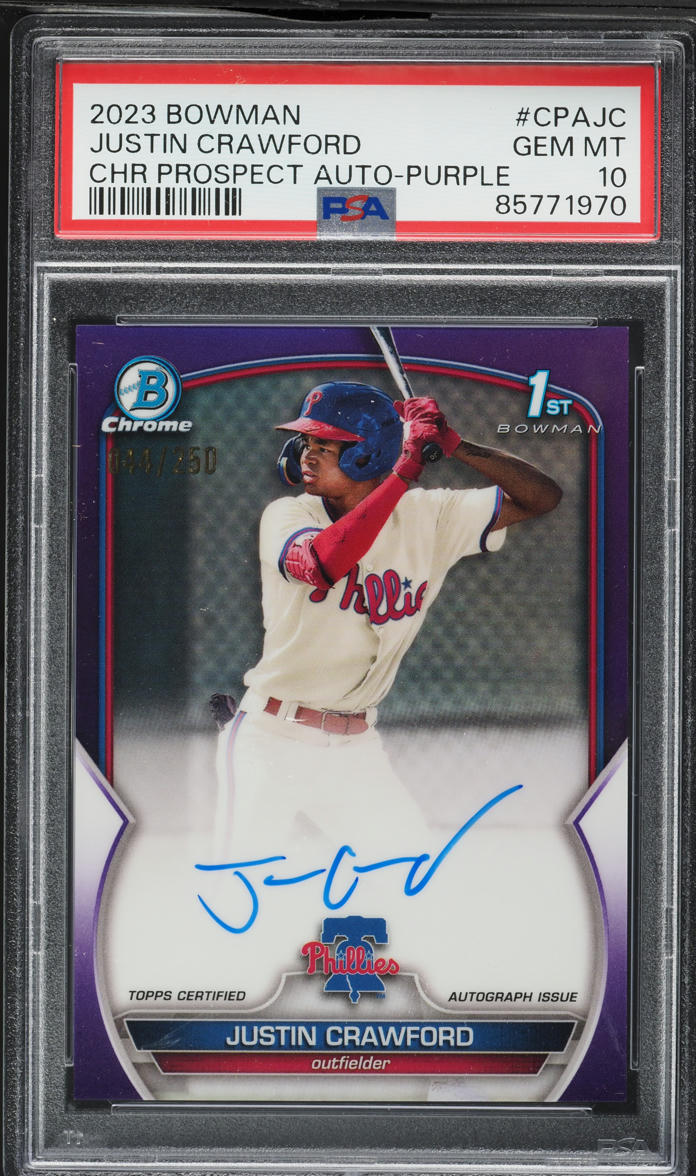 2023 Bowman Chrome Purple Refractor Justin Crawford PROSPECT AUTO /250 #CPA-JC PSA 10 GEM MINT