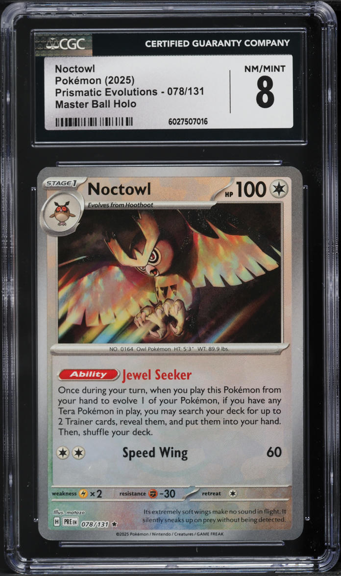 2025 Pokemon SV Prismatic Evolutions Master Ball Holo Noctowl #78 CGC 8 NM-MT