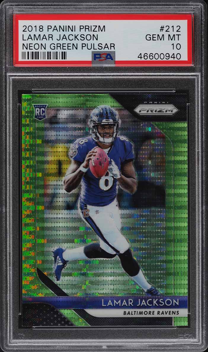 2018 Panini Prizm Neon Green Pulsar Lamar Jackson ROOKIE #212 PSA 10 GEM MINT