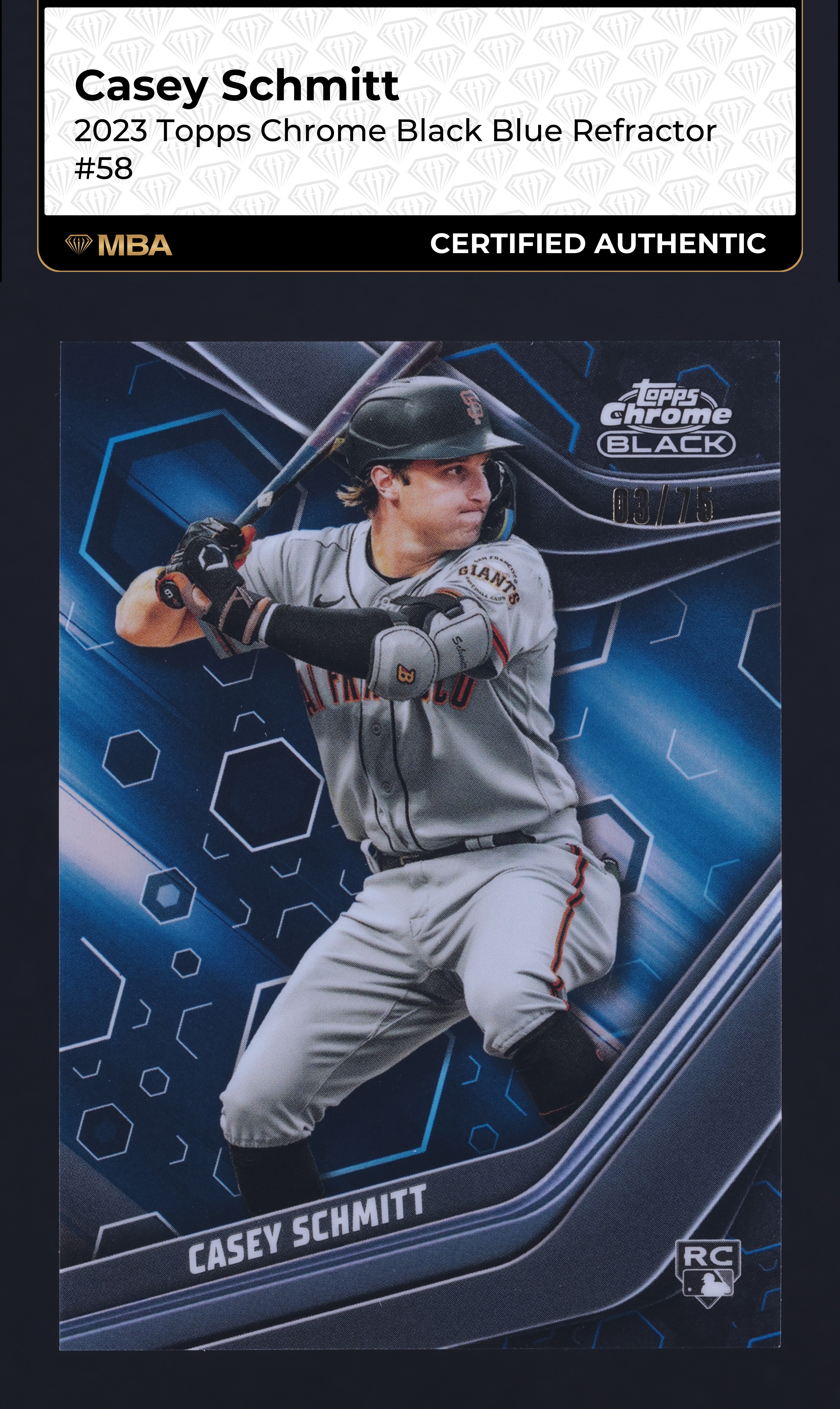 2023 Topps Chrome Black Blue Refractor Casey Schmitt ROOKIE /75 #58 MBA AUTH