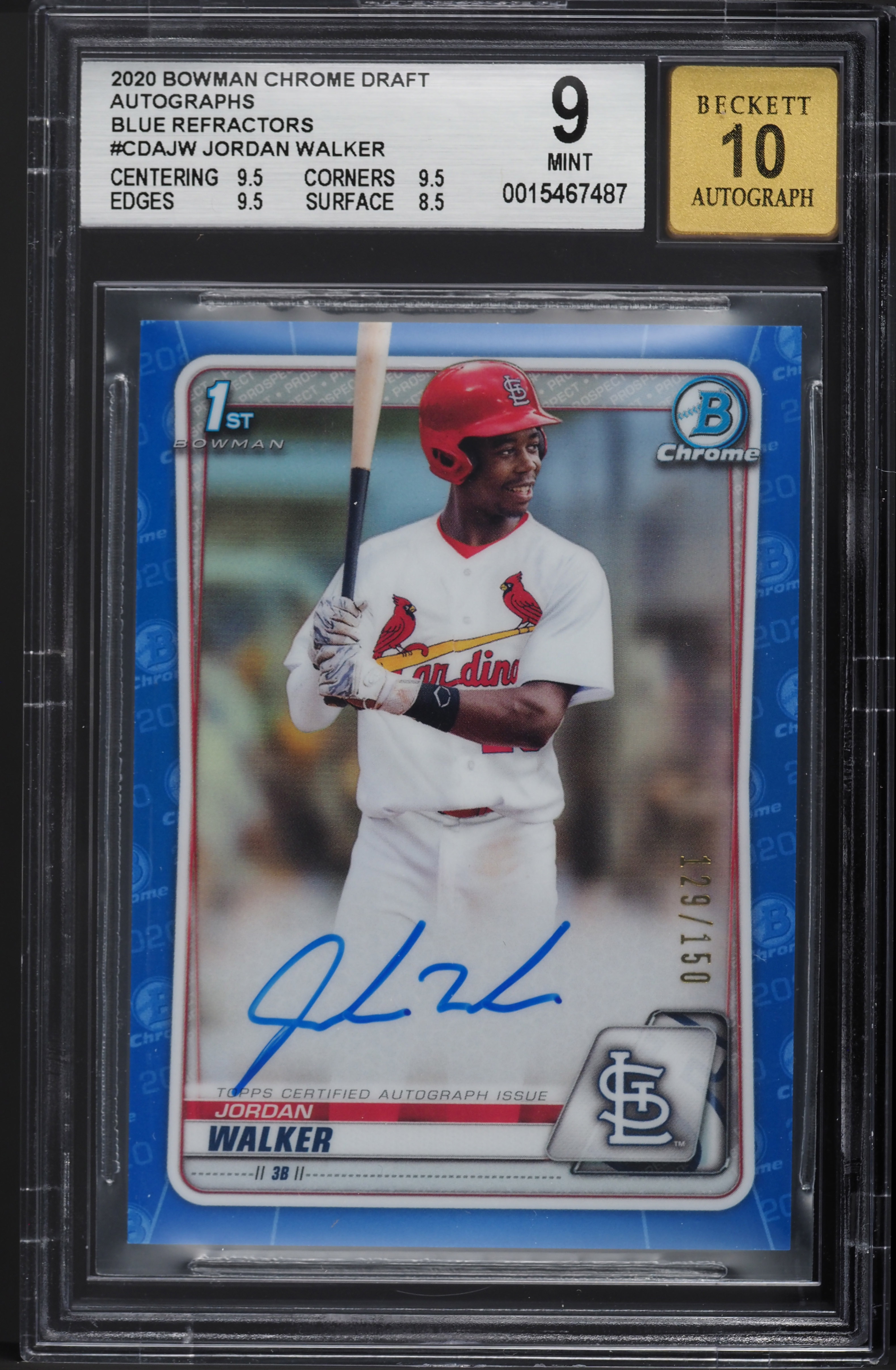 2020 Bowman Chrome Draft Blue Refractor Jordan Walker ROOKIE AUTO /150 BGS 9