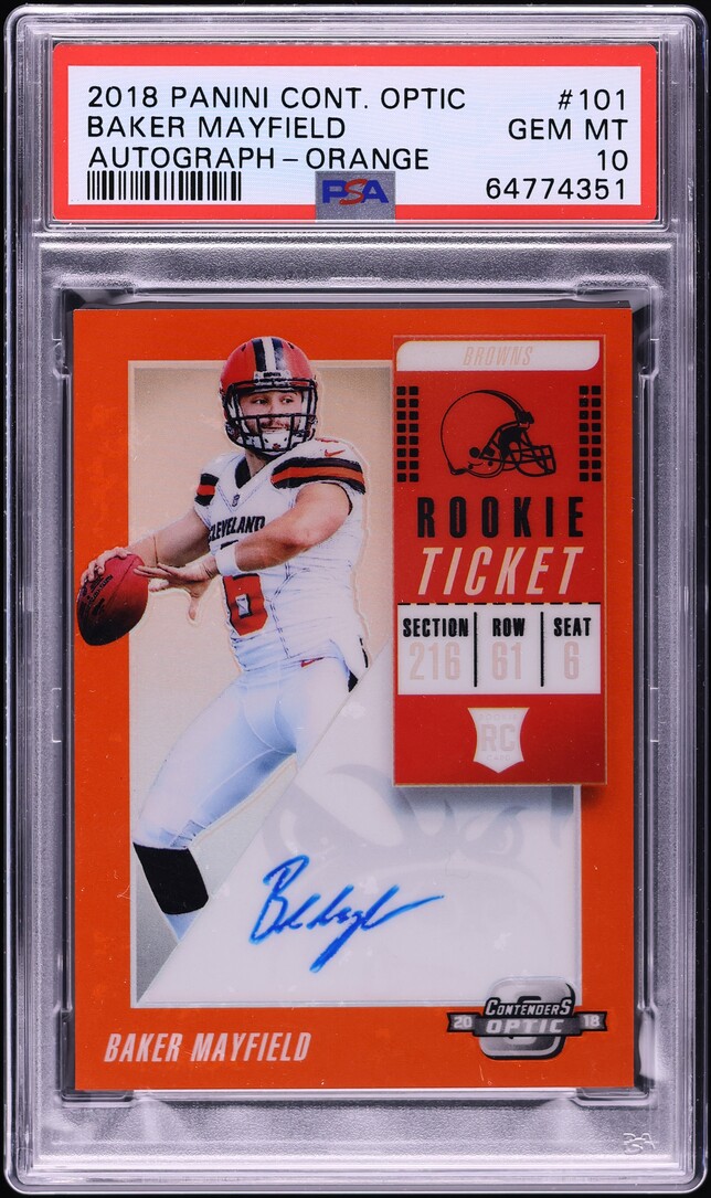 2018 Panini Contenders Optic Orange Baker Mayfield ROOKIE AUTO /25 #101 PSA 10