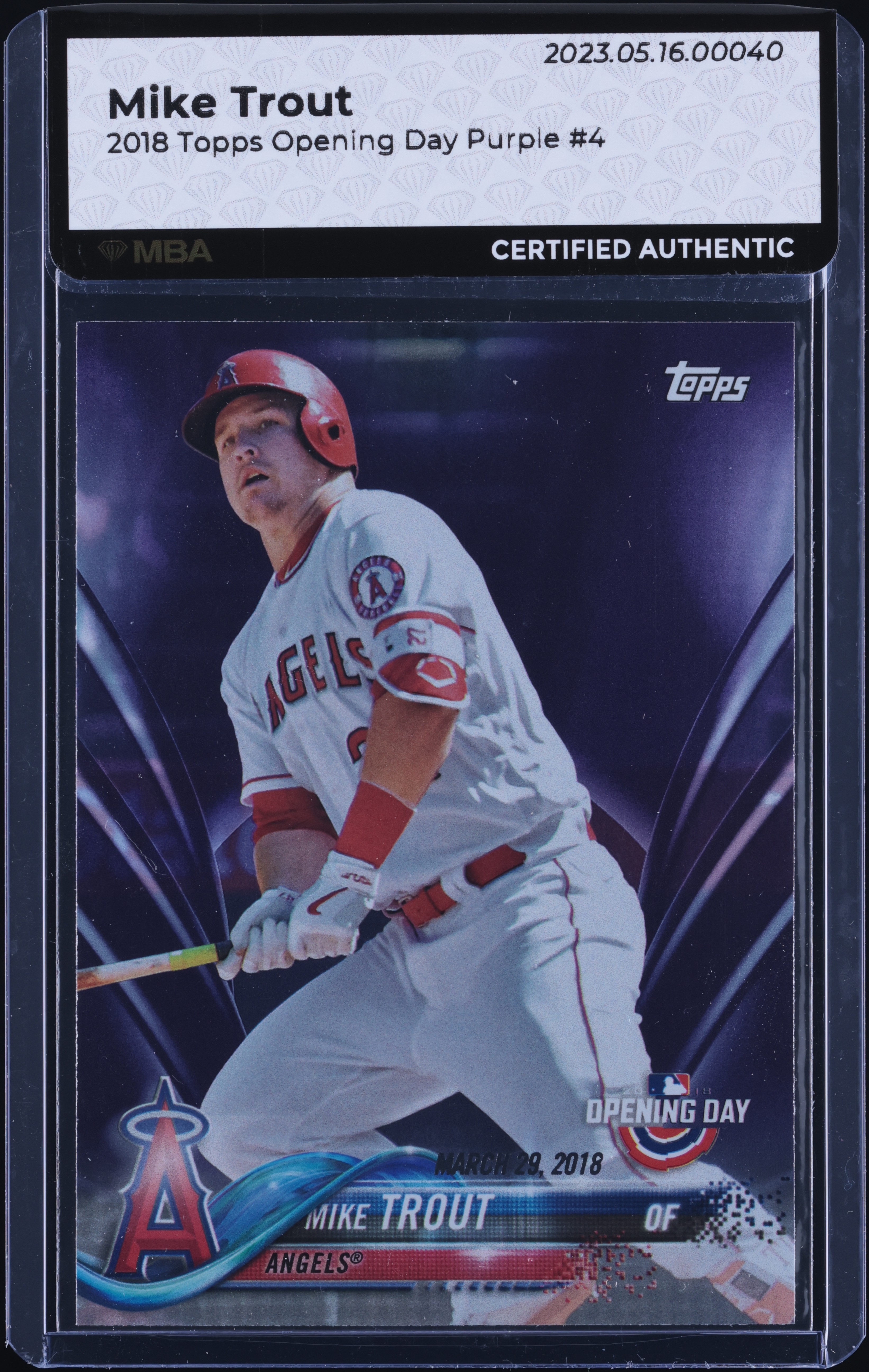 2018 Topps Opening Day Purple Mike Trout #4 MBA AUTH