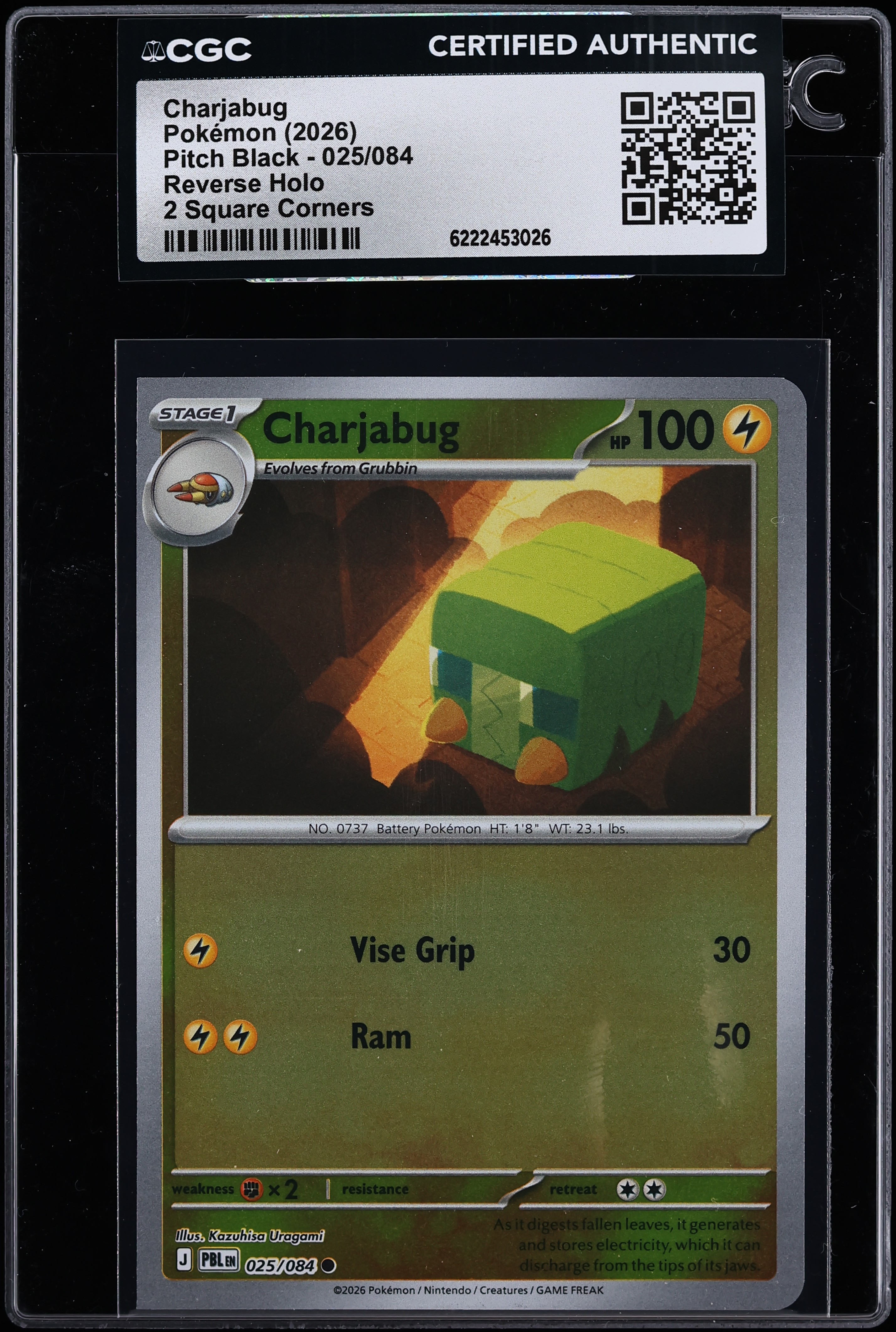 2026 Pokemon Mega Evolution Pitch Black 2 Square Corners Reverse Holo Charjabug #25 CGC AUTH