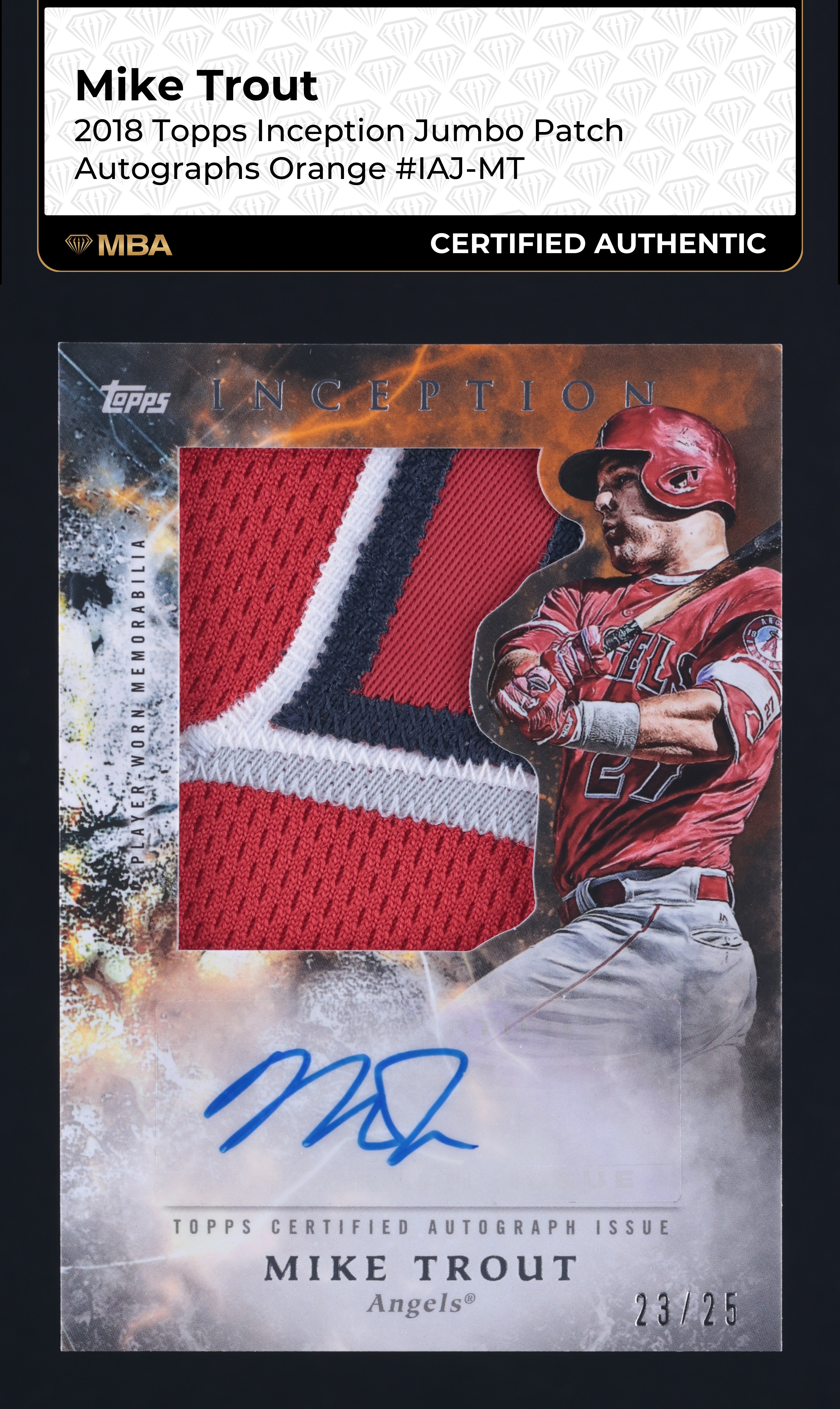 2018 Topps Inception Jumbo Orange Mike Trout PATCH AUTO /25 #IAJ-MT MBA AUTH