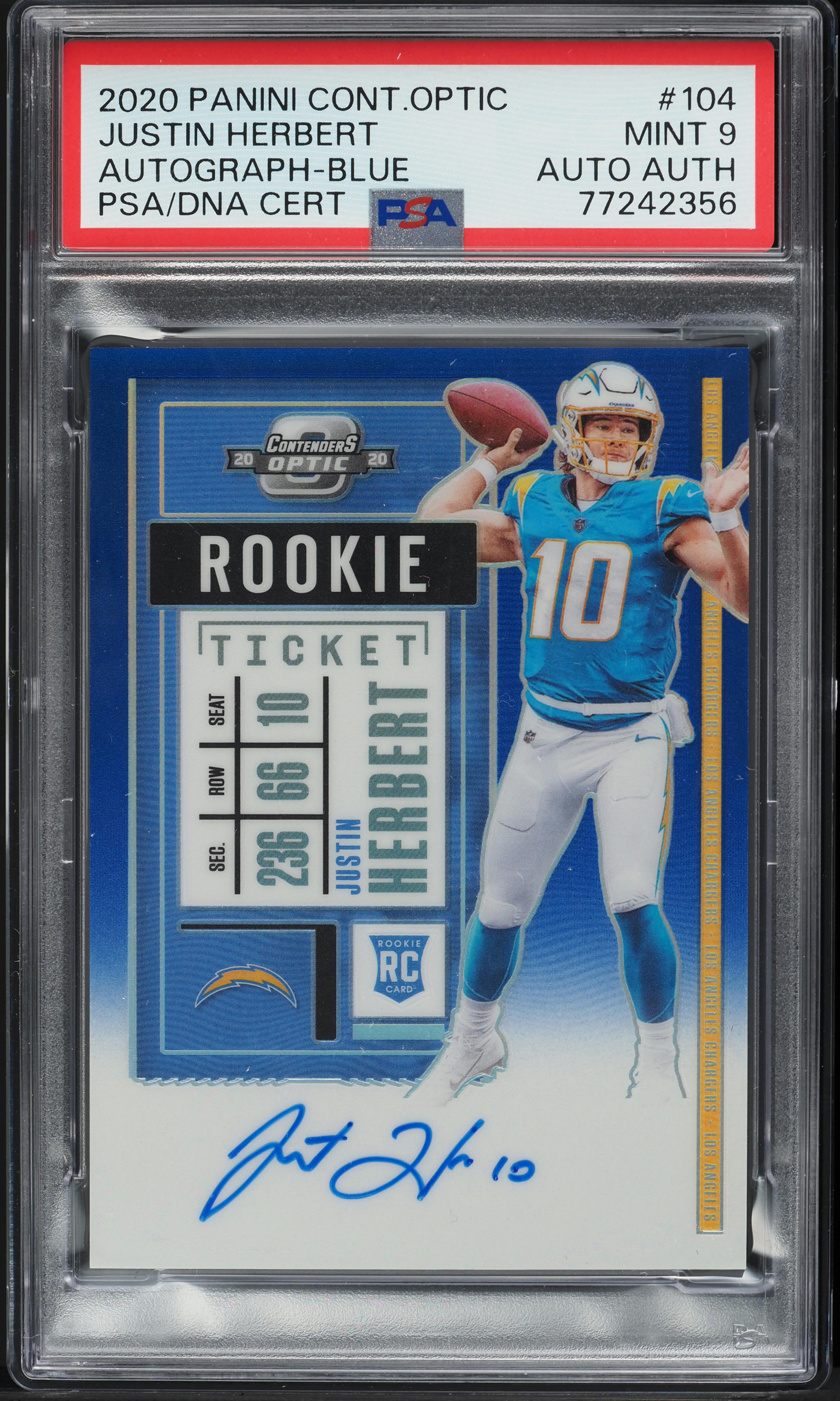 2020 Panini Contenders Optic Blue Justin Herbert ROOKIE AUTO /75 #104 PSA 9 MINT