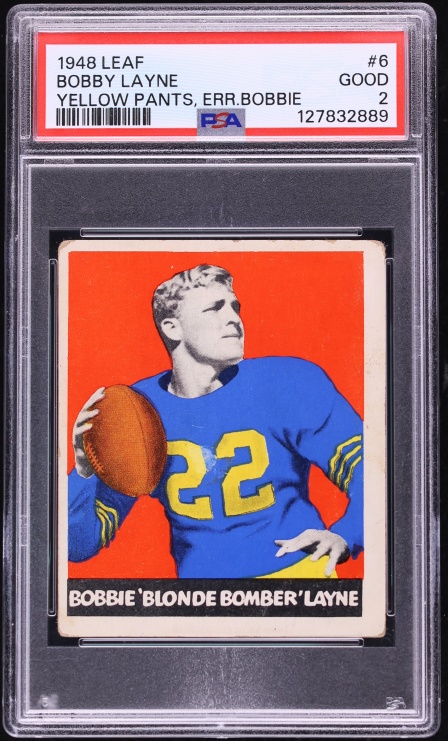 1948 Leaf Football Bobby Layne ROOKIE, YELLOW PANTS #6 PSA 2 GD