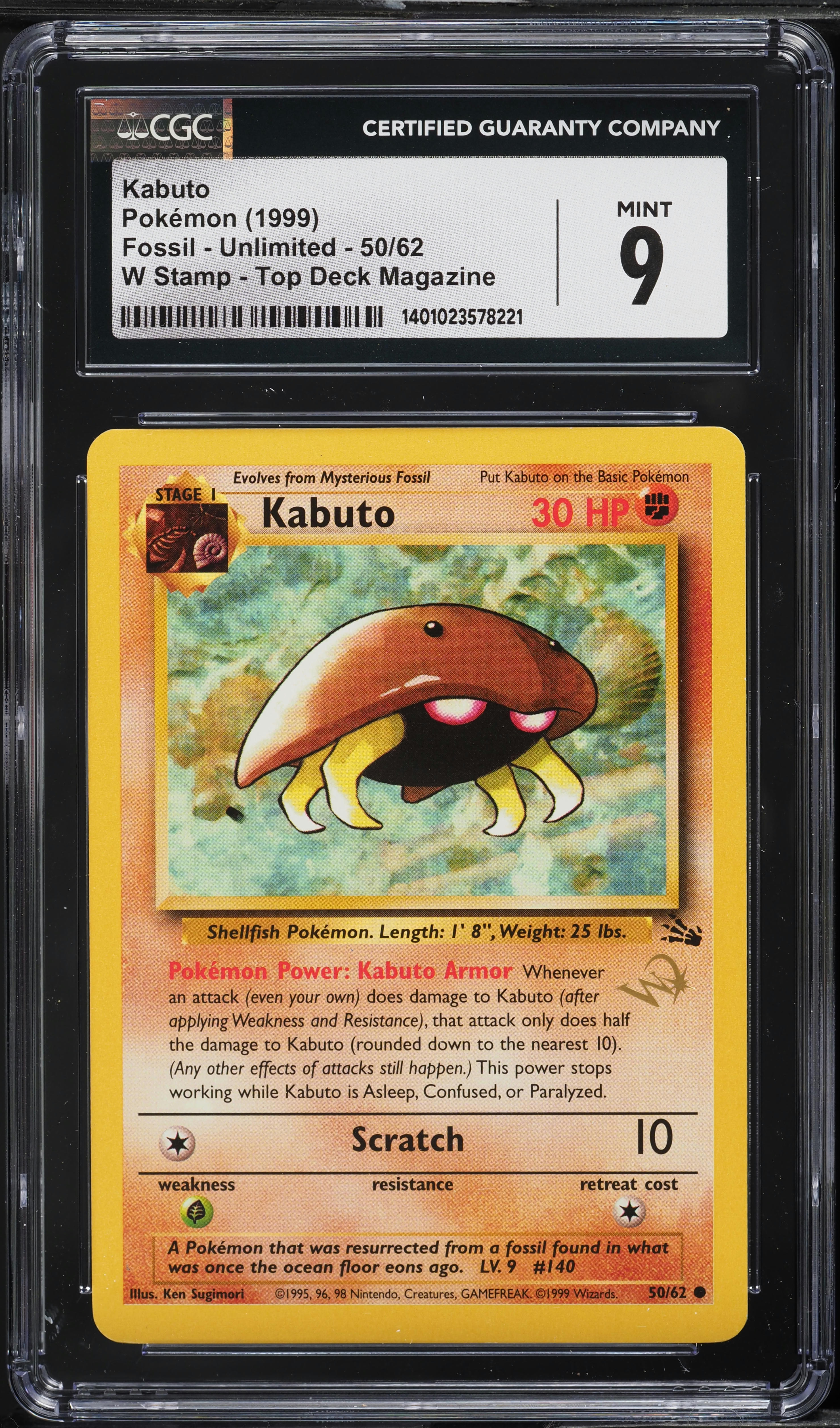1999 Pokemon Fossil Top Deck Magazine W Stamp Kabuto #50 CGC 9 MINT