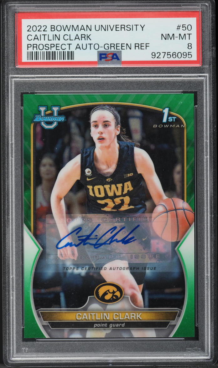 2022 Bowman University Chrome Green Refractor Caitlin Clark AUTO /99 #50 PSA 8