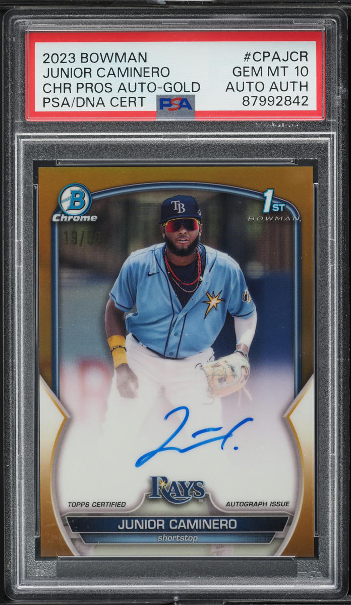 2023 Bowman Chrome Gold Refractor Junior Caminero PROSPECT AUTO /50 PSA 10 GEM