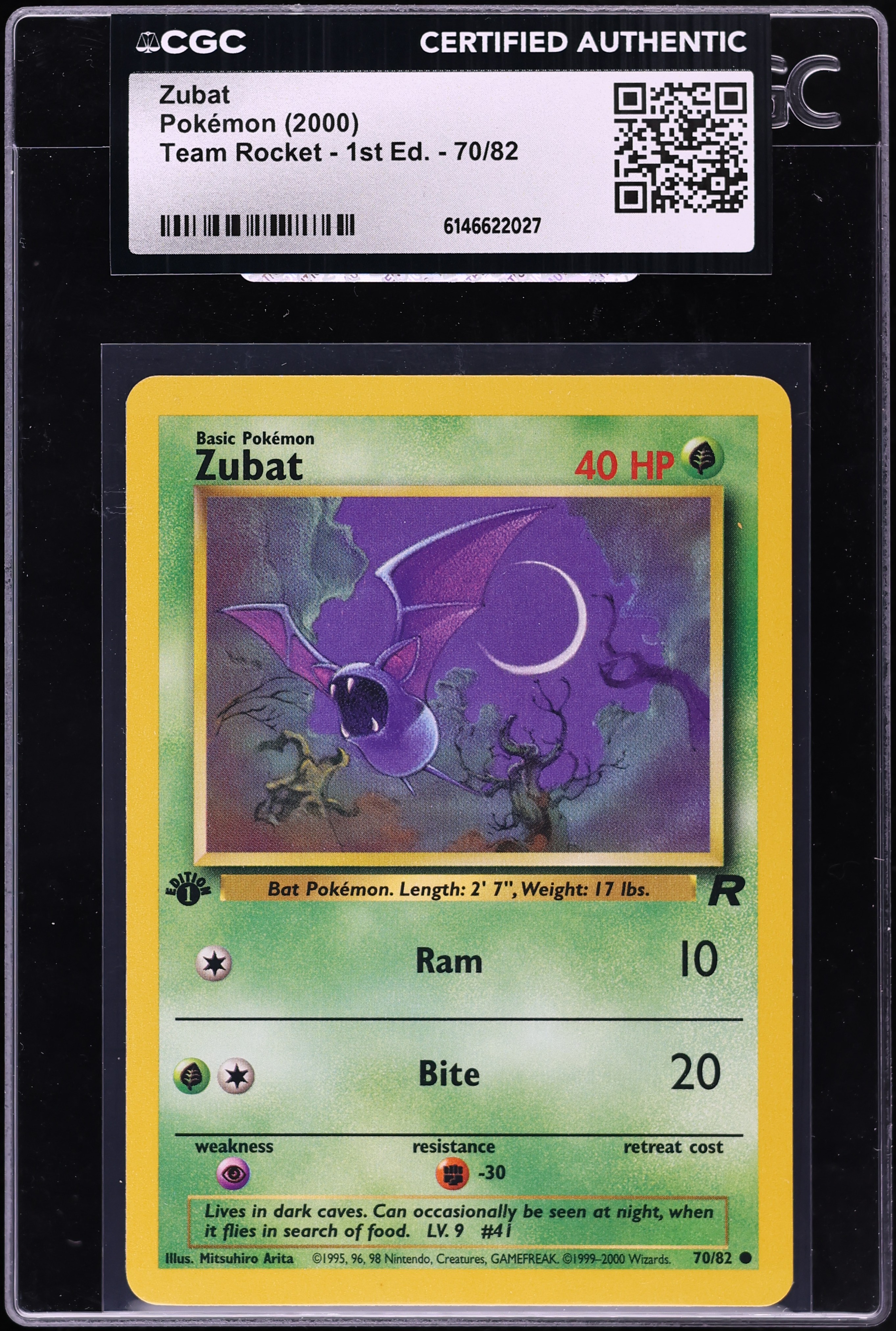 2000 Pokemon Team Rocket 1st Edition Zubat #70 CGC AUTH