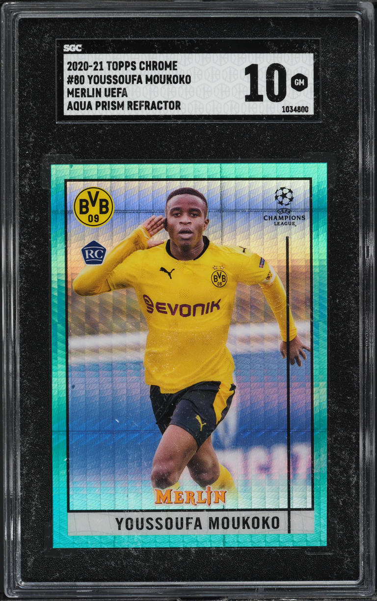 2020 Topps Chrome Merlin UEFA Aqua Prism Refractor Youssoufa Moukoko RC SGC 10