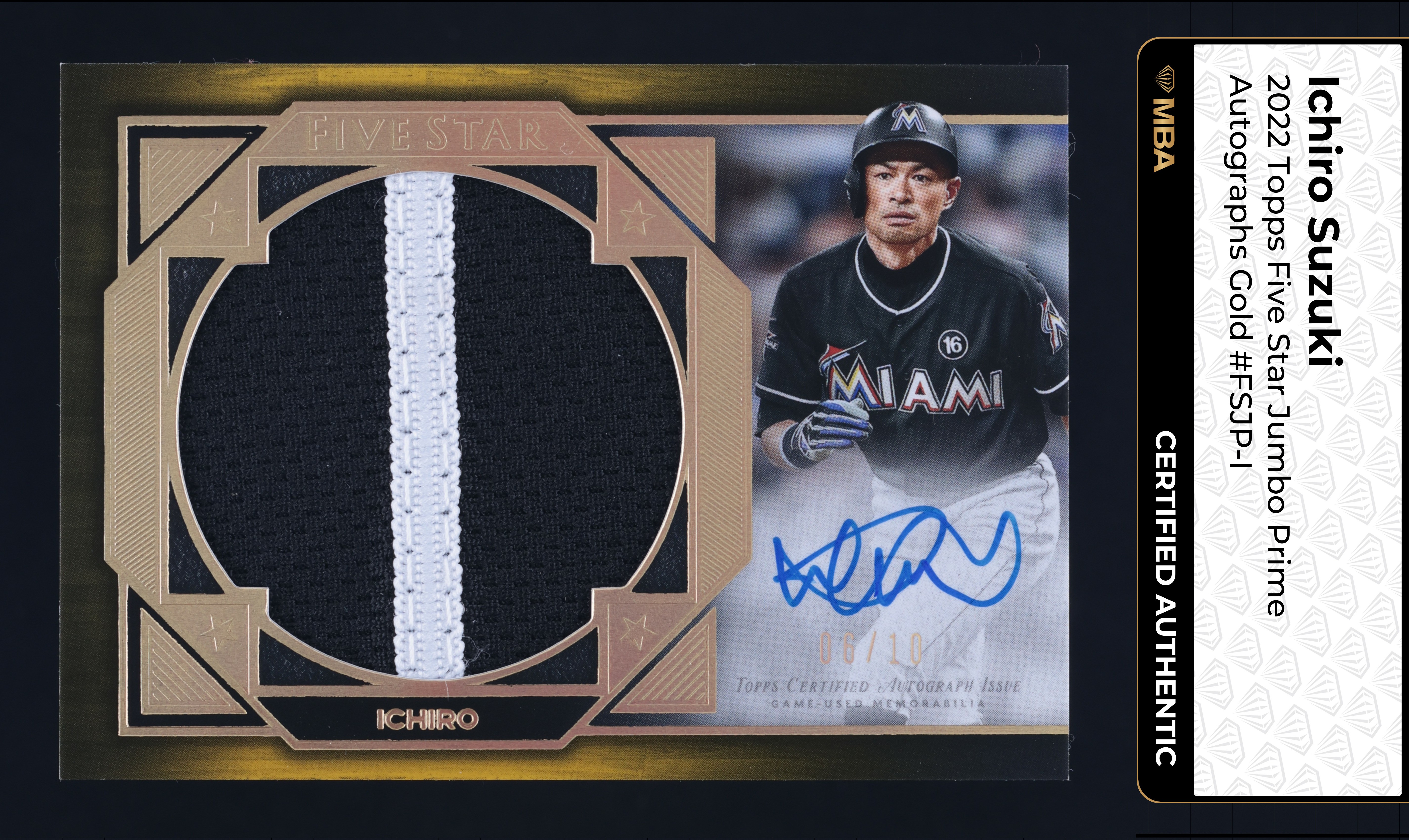 2022 Topps Five Star Prime Gold Ichiro Suzuki PATCH AUTO /10 #FSJP-I MBA AUTH