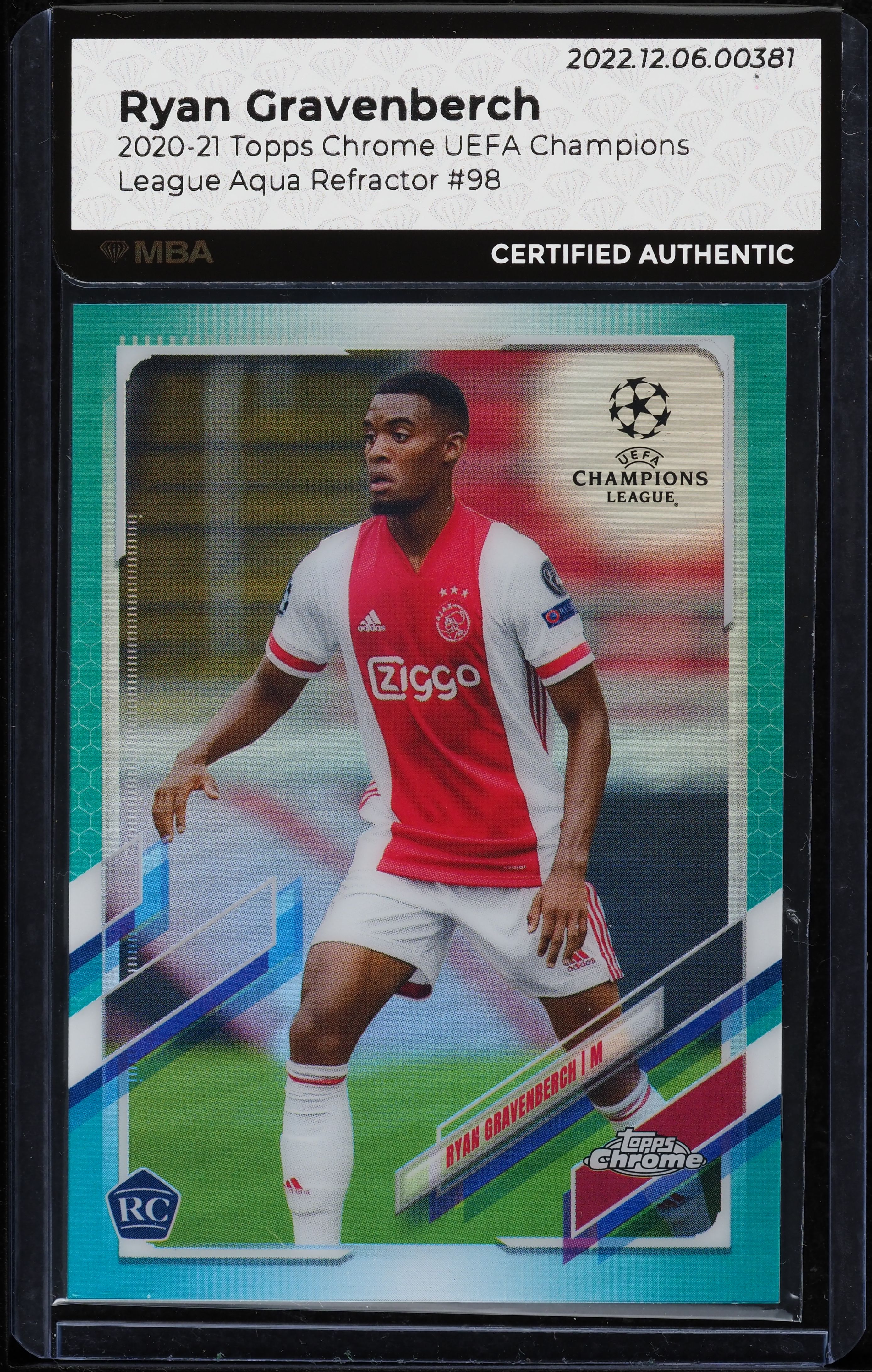2020 Topps Chrome UEFA Aqua Refractor Ryan Gravenberch ROOKIE /199 #98 MBA AUTH