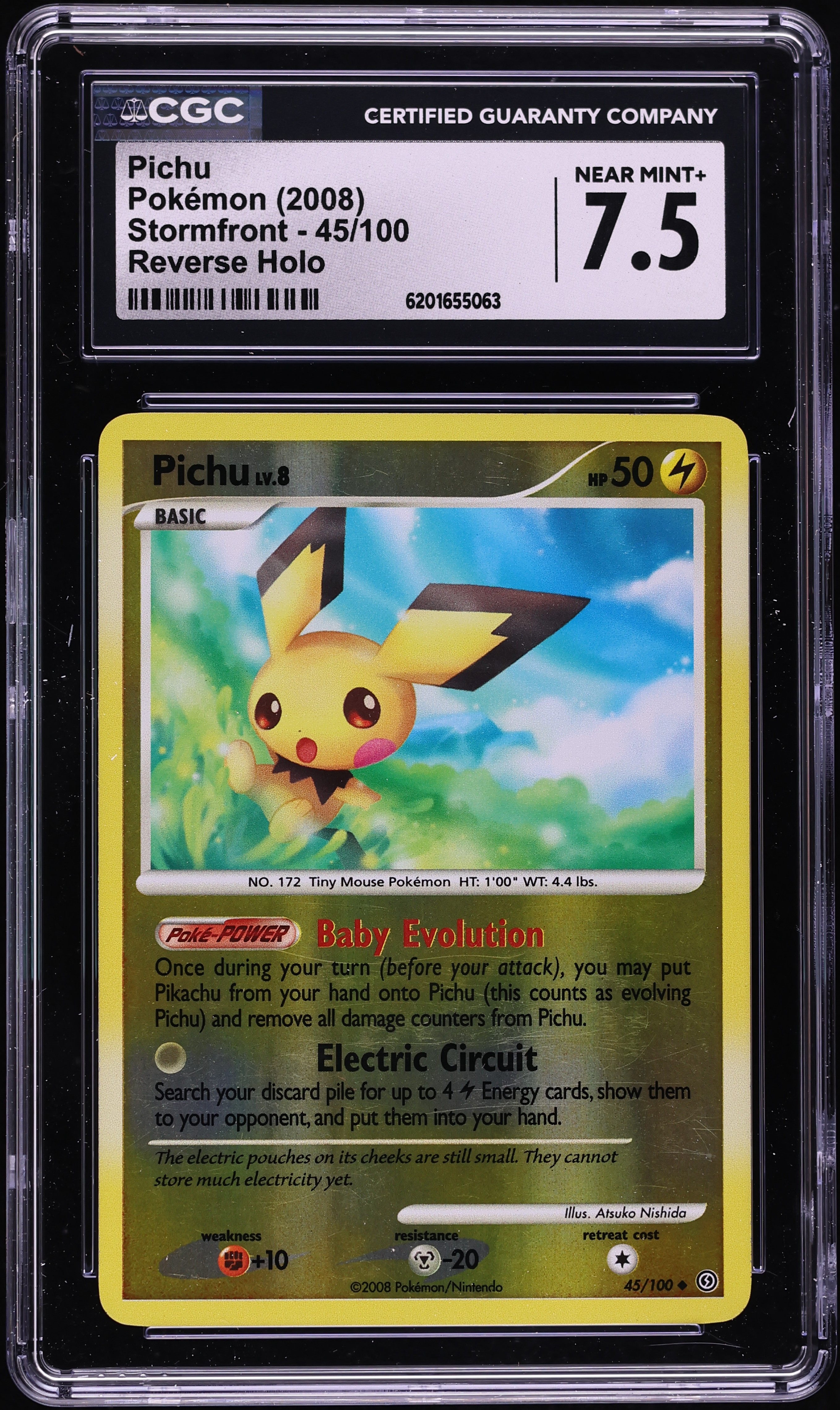 2008 Pokemon Diamond & Pearl Stormfront Reverse Holo Pichu #45 CGC 7.5 NRMT+