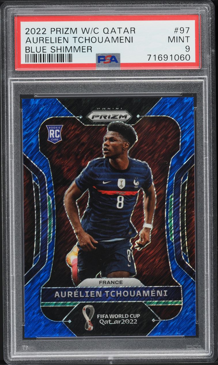 2022 Panini Prizm World Cup Qatar Blue Shimmer Aurelien Tchouameni RC /5 PSA 9