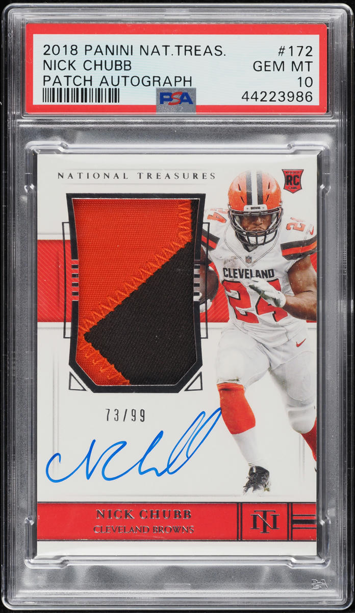2018 National Treasures Nick Chubb ROOKIE PATCH AUTO /99 #172 PSA 10 GEM MINT