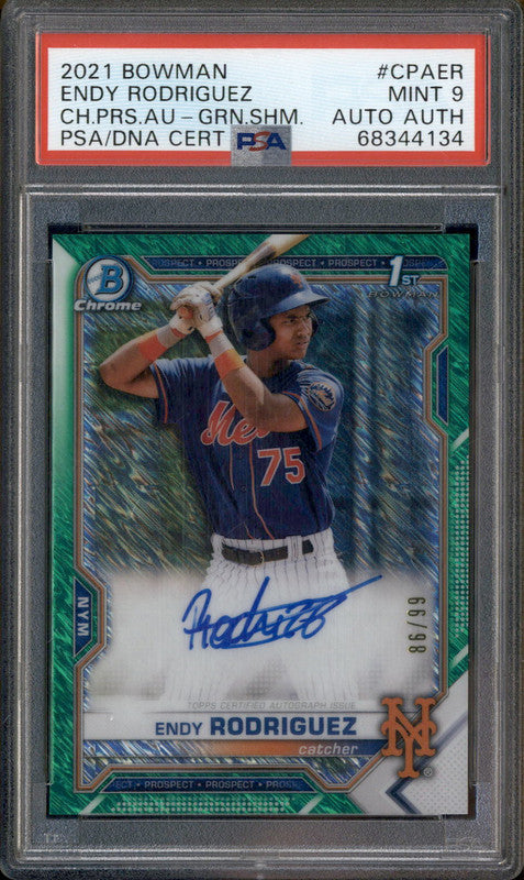 2021 Bowman Chrome Rookie Auto Green Shimmer Endy Rodriguez RC /99 PSA 9
