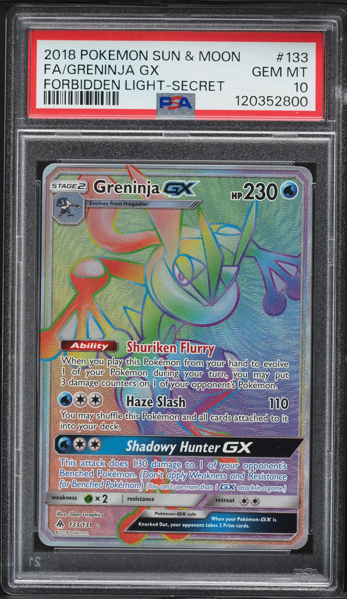 2018 Pokemon Sun & Moon Forbidden Light Rainbow Rare Greninja GX #133 PSA 10 GEM