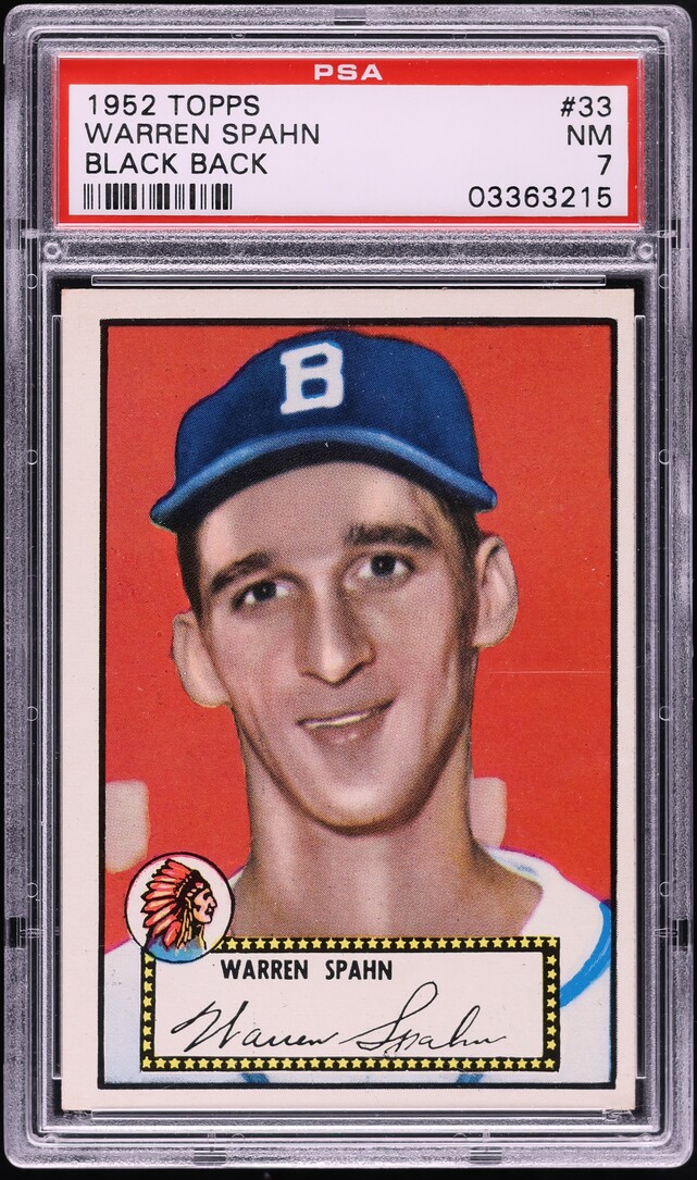 1952 Topps Warren Spahn BLACK BACK #33 PSA 7 NRMT