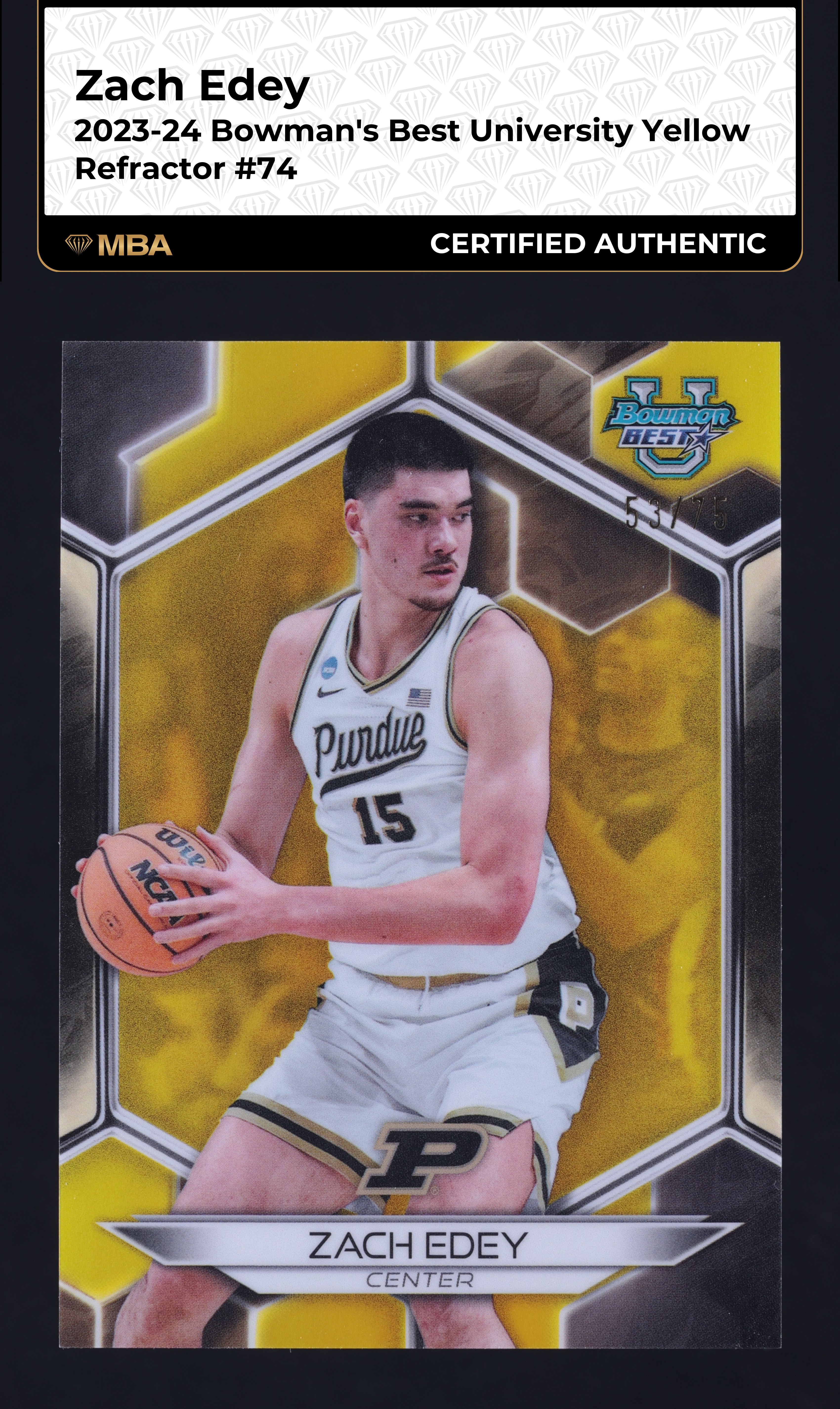 2023 Bowman's Best University Yellow Refractor Zach Edey ROOKIE /75 #74 MBA AUTH