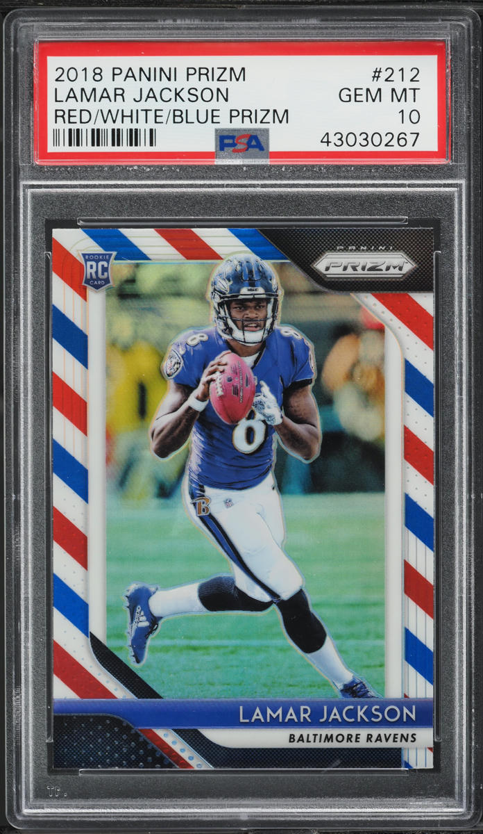 2018 Panini Prizm Red White Blue Lamar Jackson ROOKIE #212 PSA 10 GEM MINT
