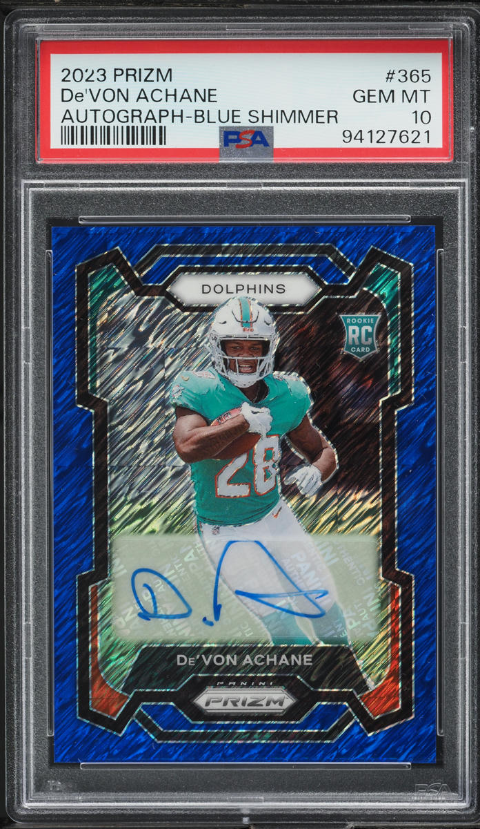 2023 Panini Prizm Blue Shimmer De'Von Achane ROOKIE AUTO /25 #365 PSA 10 GEM