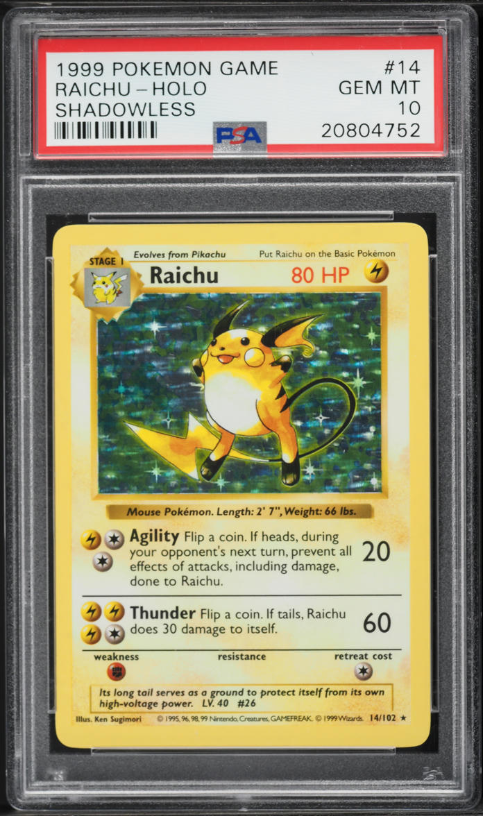 1999 Pokemon Base Set Shadowless Holo Raichu #14 PSA 10 GEM MINT
