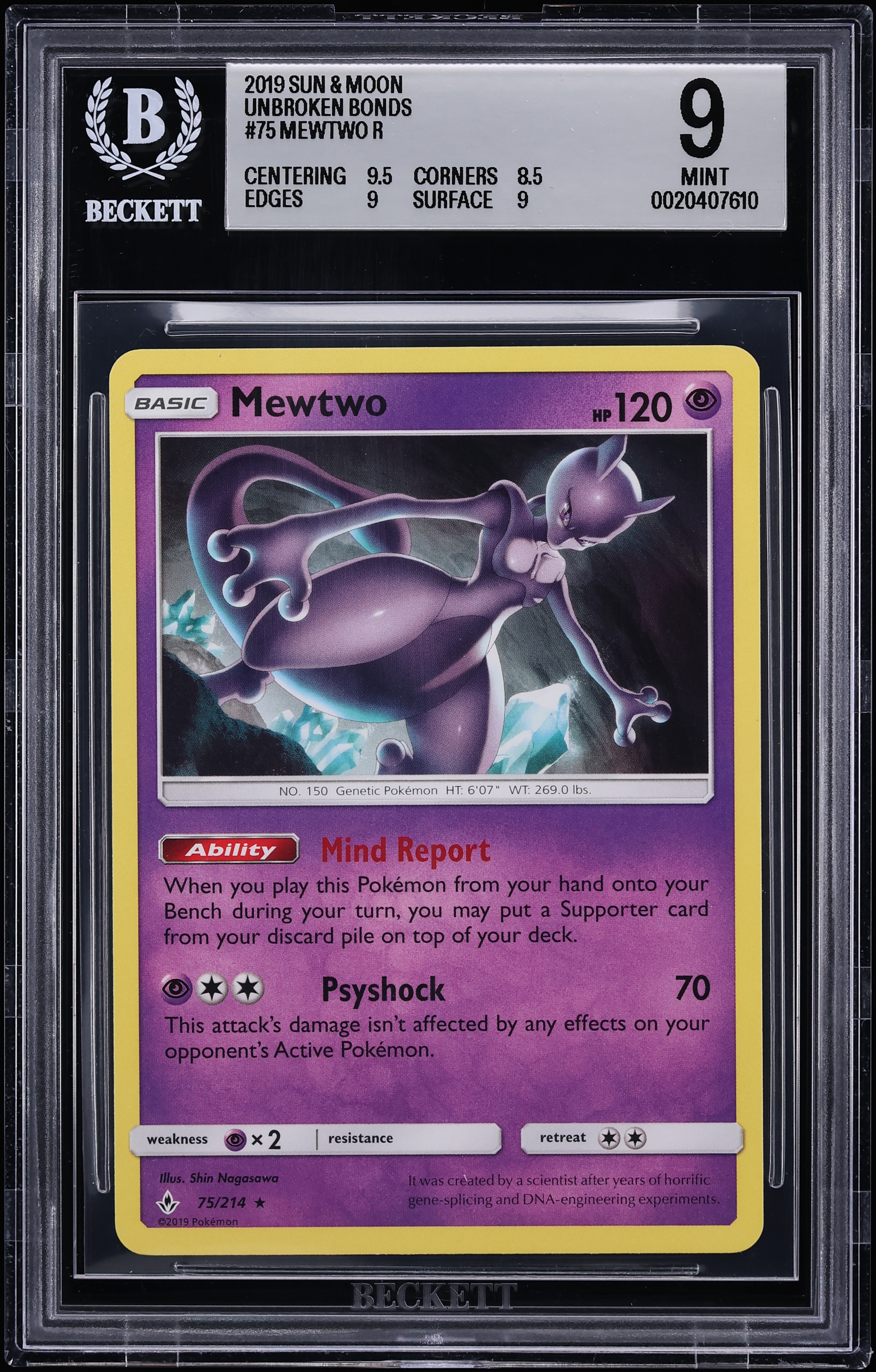 2019 Pokemon Sun & Moon Unbroken Bonds Holo Mewtwo #75 BGS 9 MINT