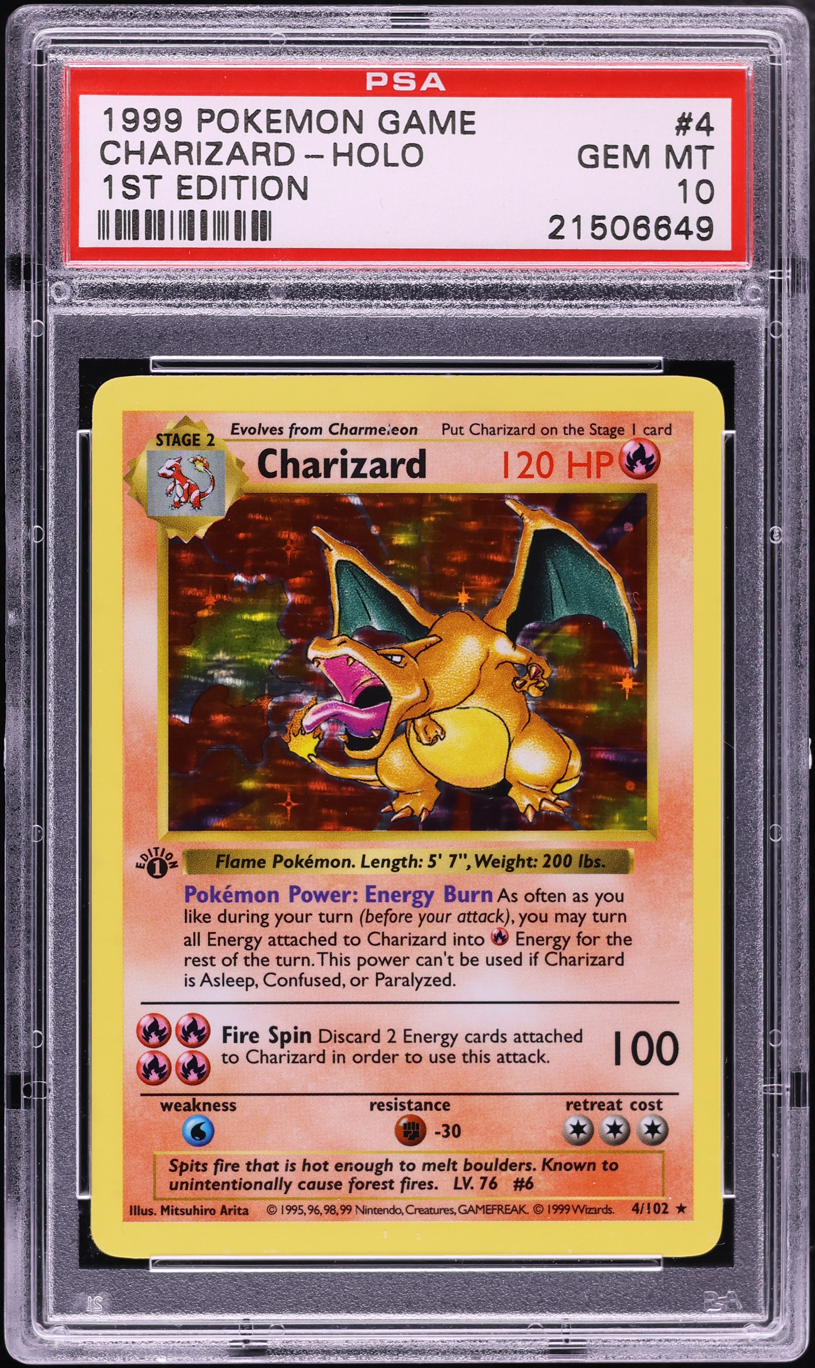 Shadowless 1st Edition Holo Charizard #4 PSA 10 from the Base Set, sold on Fanatics Collect