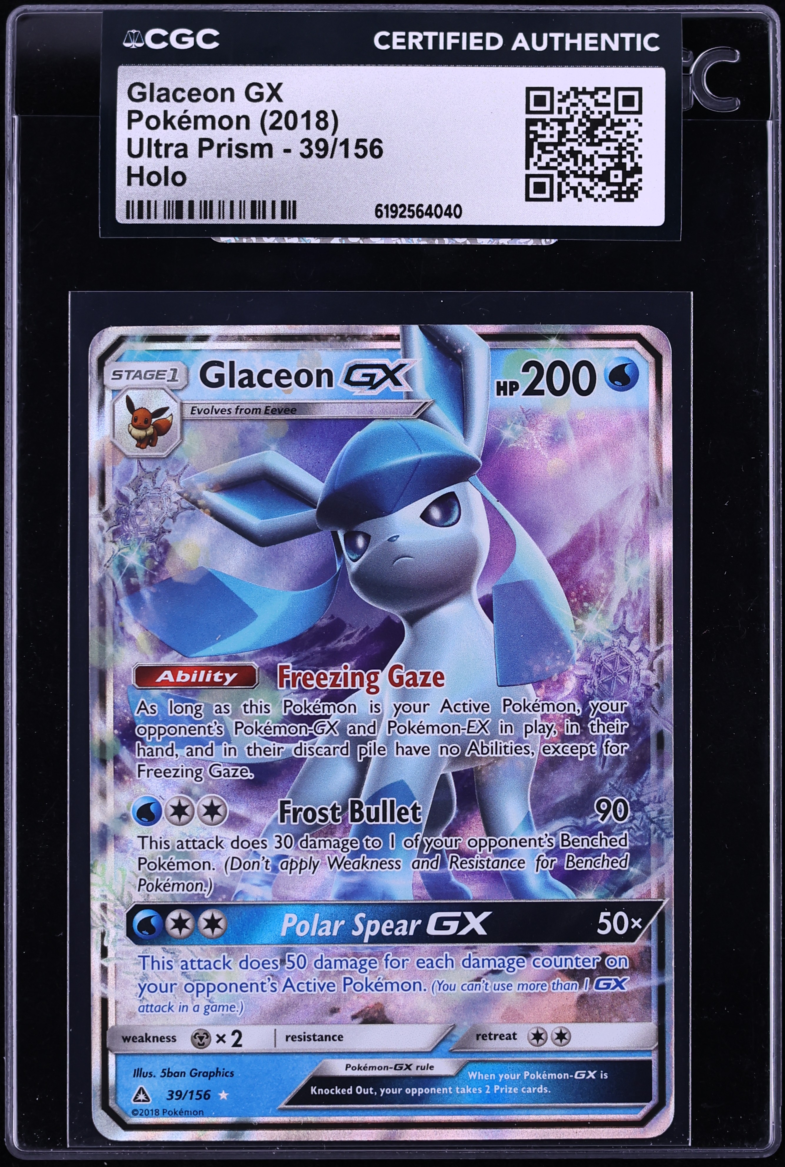 2018 Pokemon Sun & Moon Ultra Prism Glaceon Gx #39 CGC AUTH