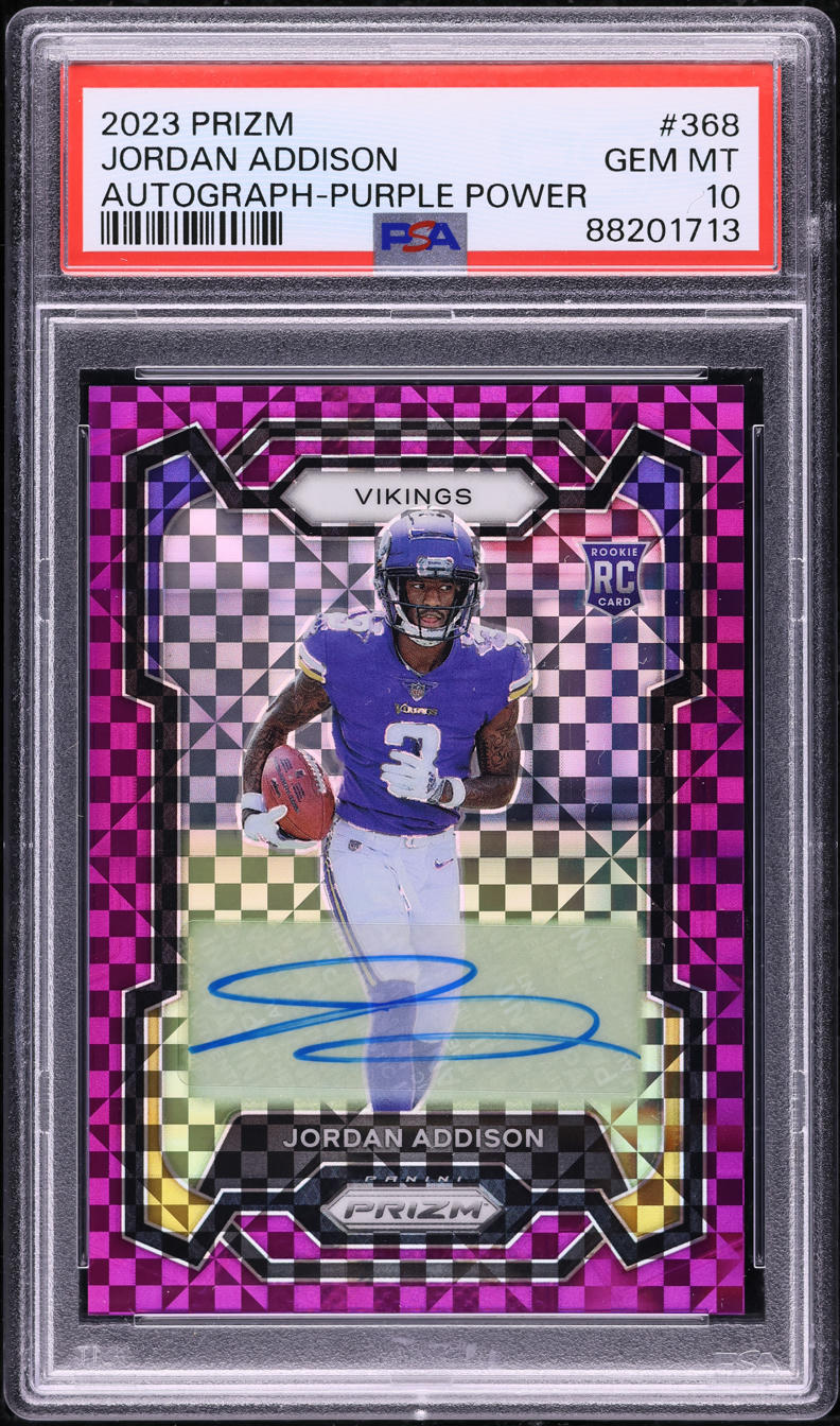 2023 Panini Prizm Purple Power Jordan Addison ROOKIE AUTO /49 #368 PSA 10 GEM