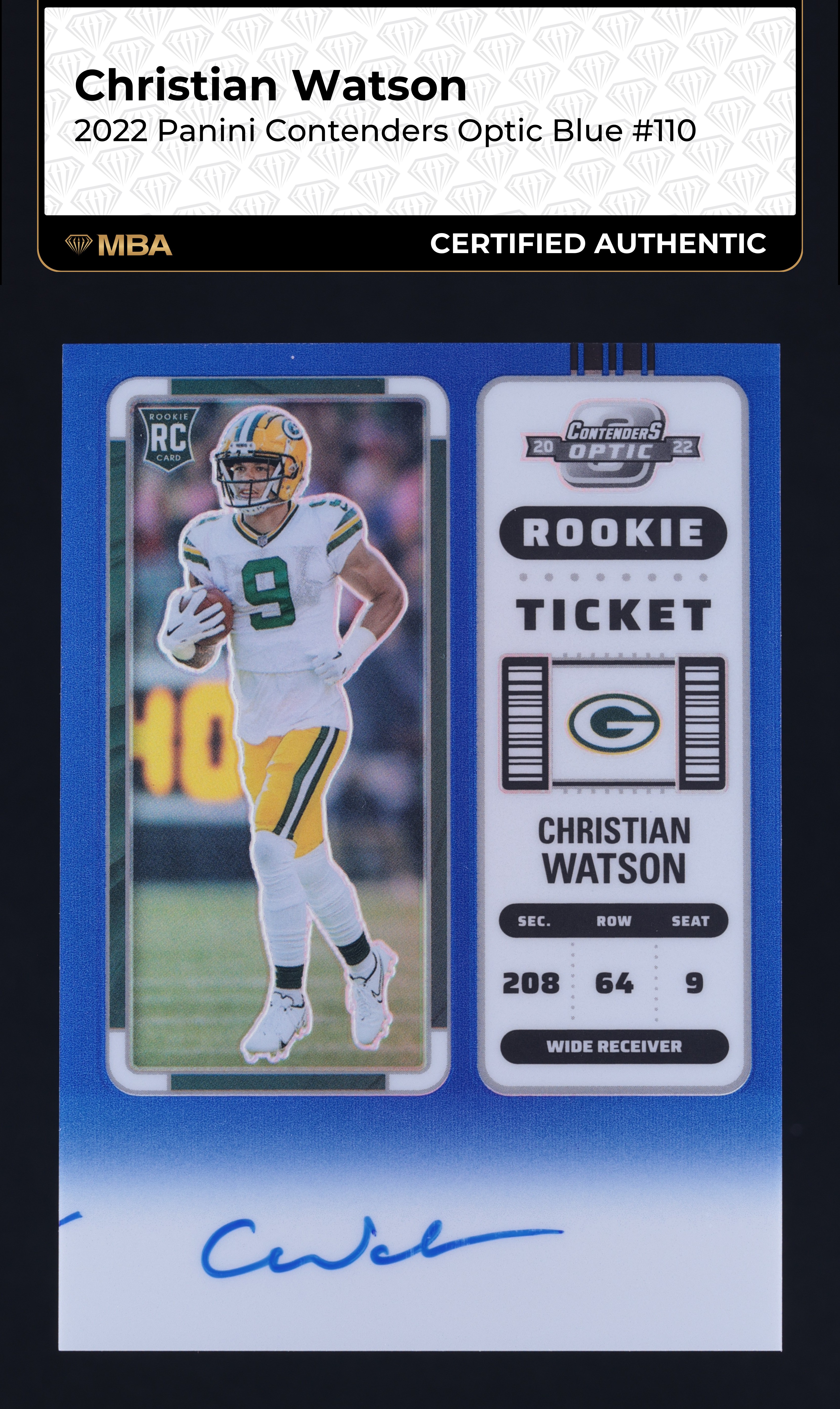 2022 Panini Contenders Optic Blue Christian Watson ROOKIE AUTO /75 #110 MBA AUTH
