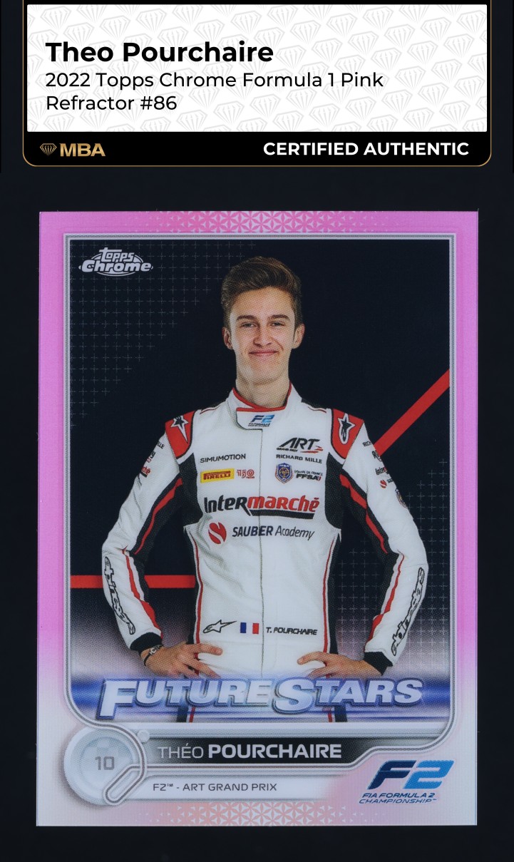 2022 Topps Chrome Formula 1 Pink Refractor Theo Pourchaire /75 #86 MBA AUTH