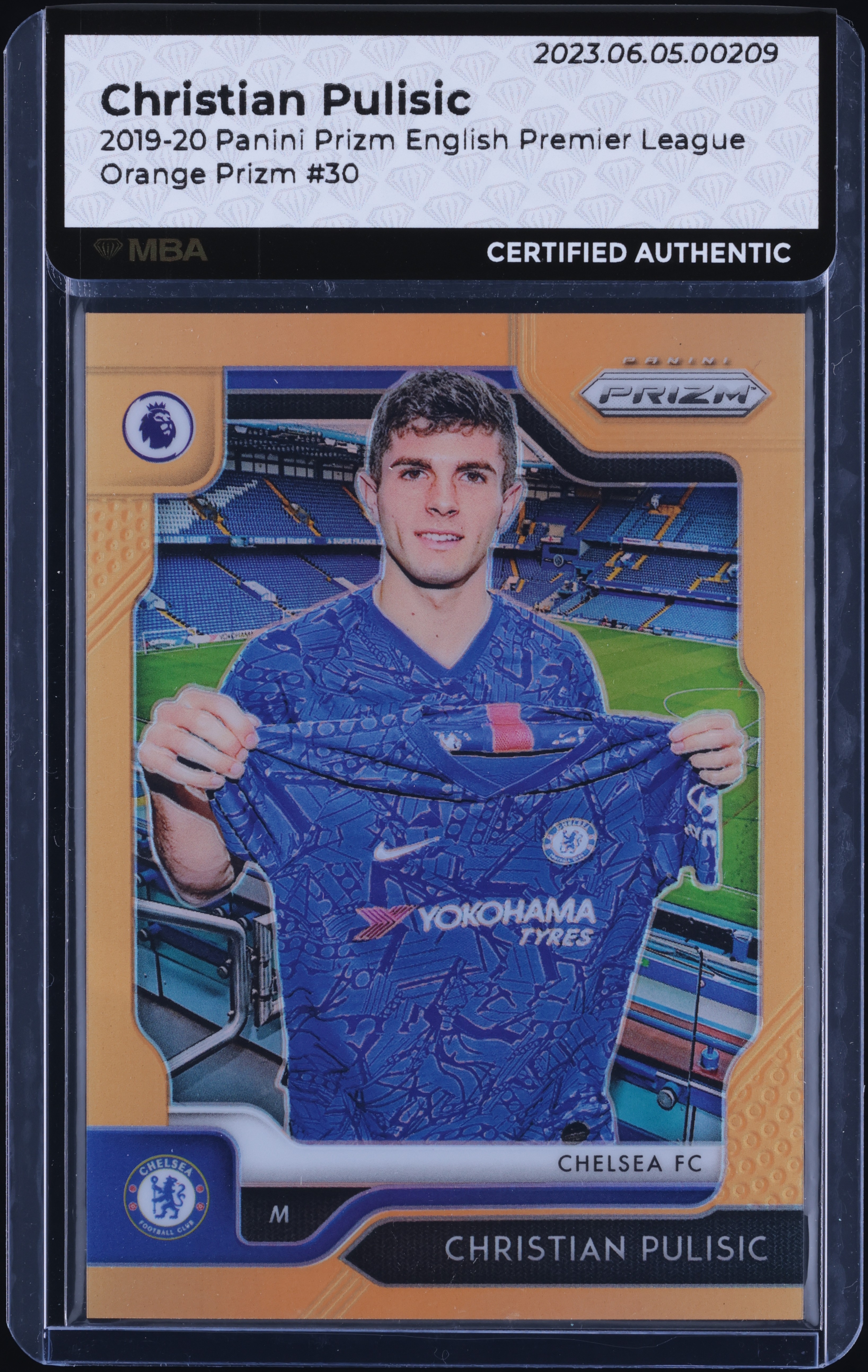 2019 Panini Prizm Premier League Orange Christian Pulisic /25 #30 MBA AUTH
