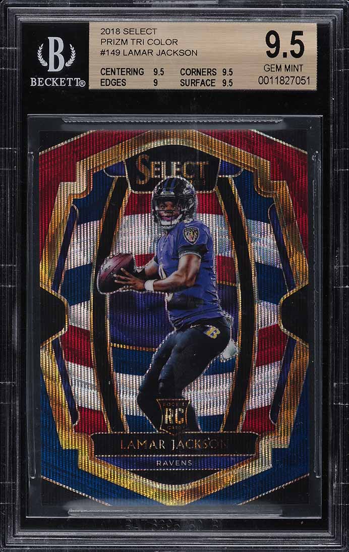 2018 Select Premier Level Tri-Color Prizm Lamar Jackson ROOKIE /199 #149 BGS 9.5