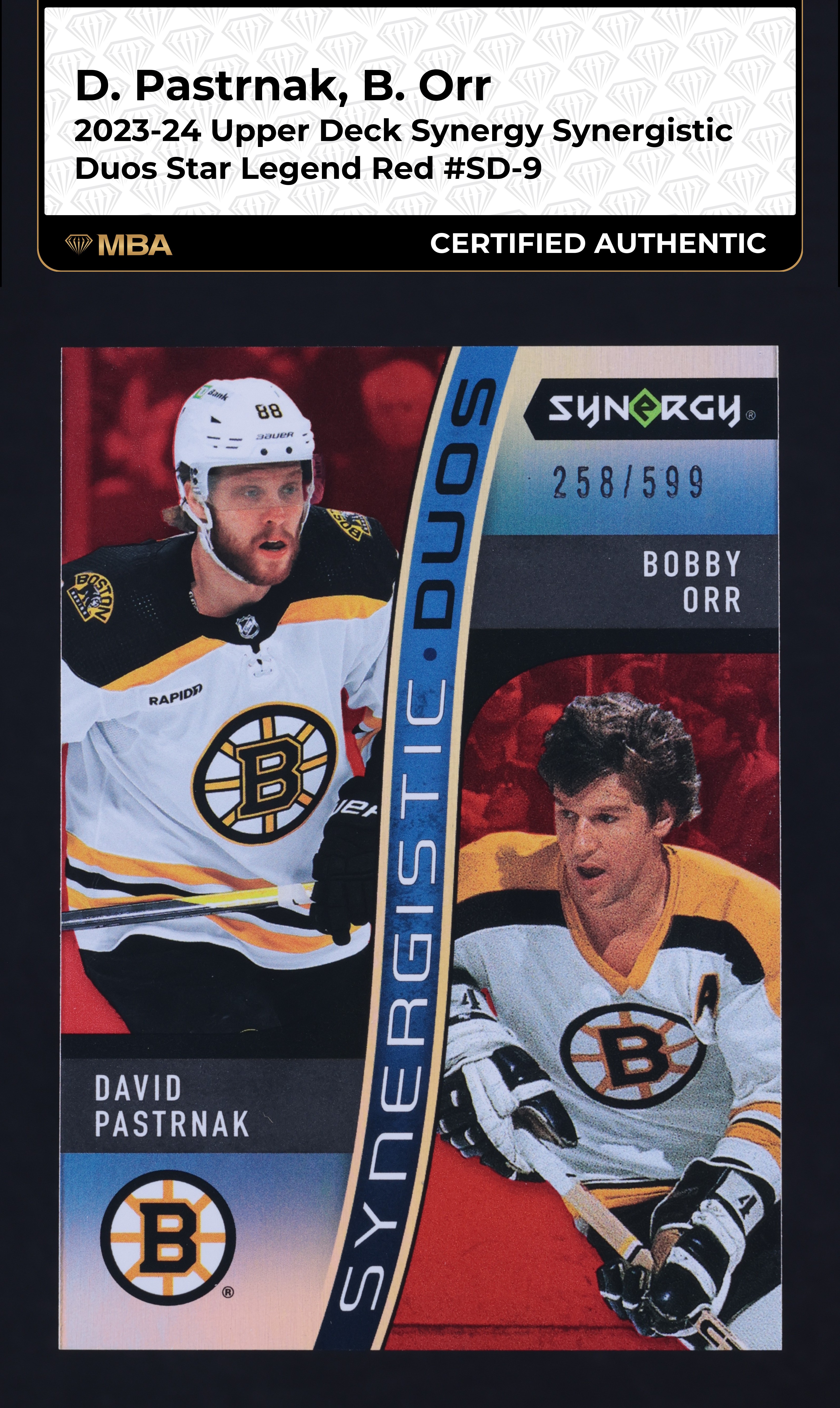 2023 Upper Deck Synergy Synergistic Red David Pastrnak Bobby Orr /599 MBA AUTH