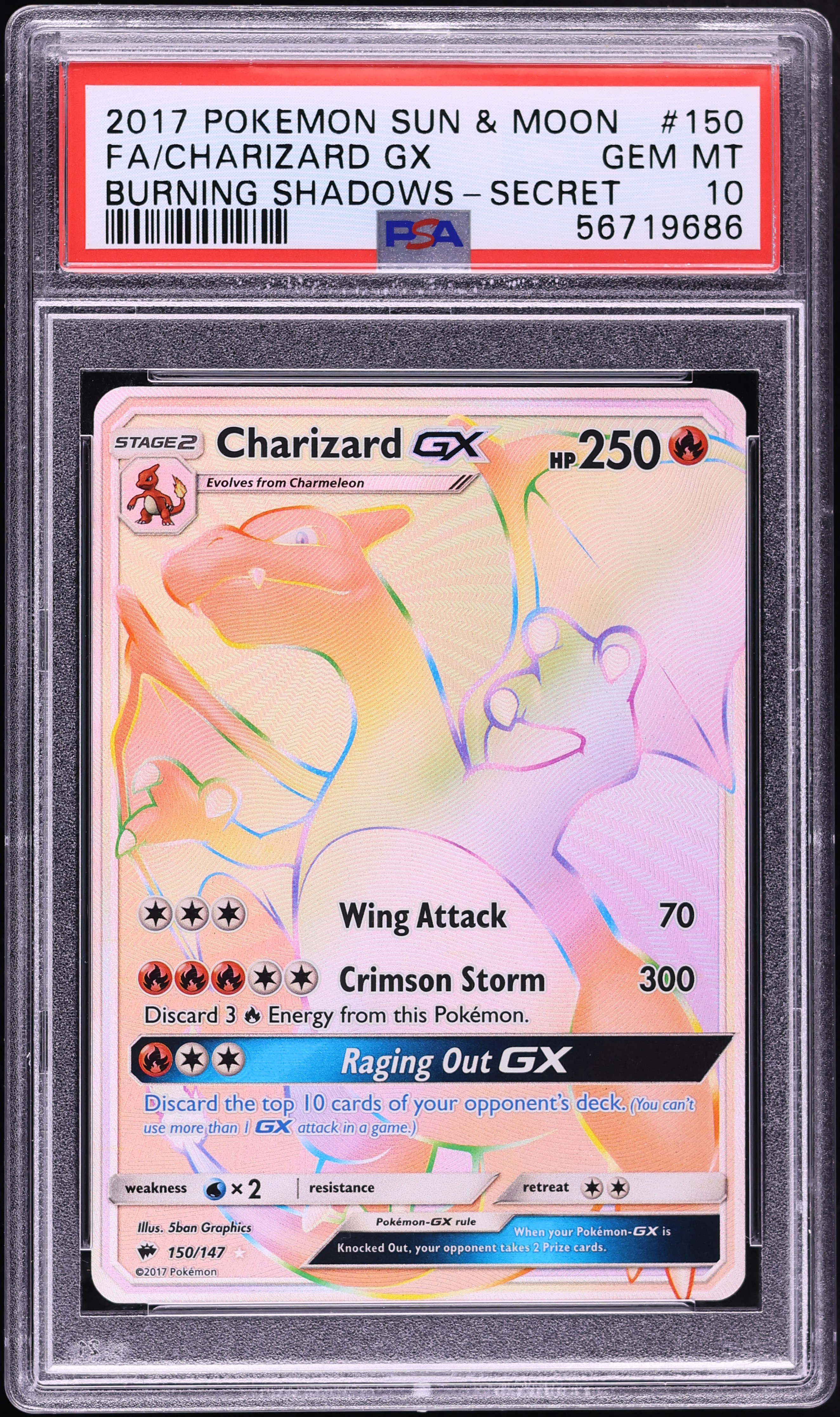 2017 Pokemon Sun & Moon Burning Shadows Rainbow Rare Charizard GX #150 PSA 10 GEM MINT