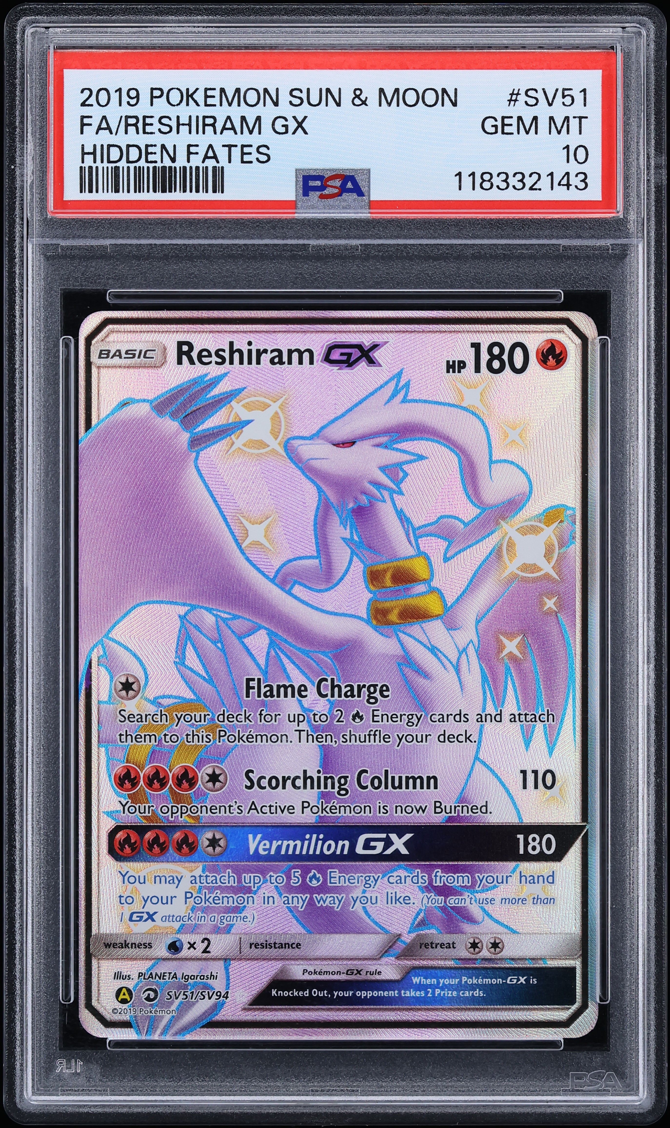 2019 Pokemon Sun & Moon Hidden Fates Full Art Reshiram GX #SV51 PSA 10 GEM MINT