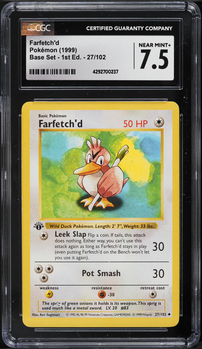 1999 Pokemon Base Set Shadowless 1st Edition Farfetch'd #27 CGC 7.5 NRMT+